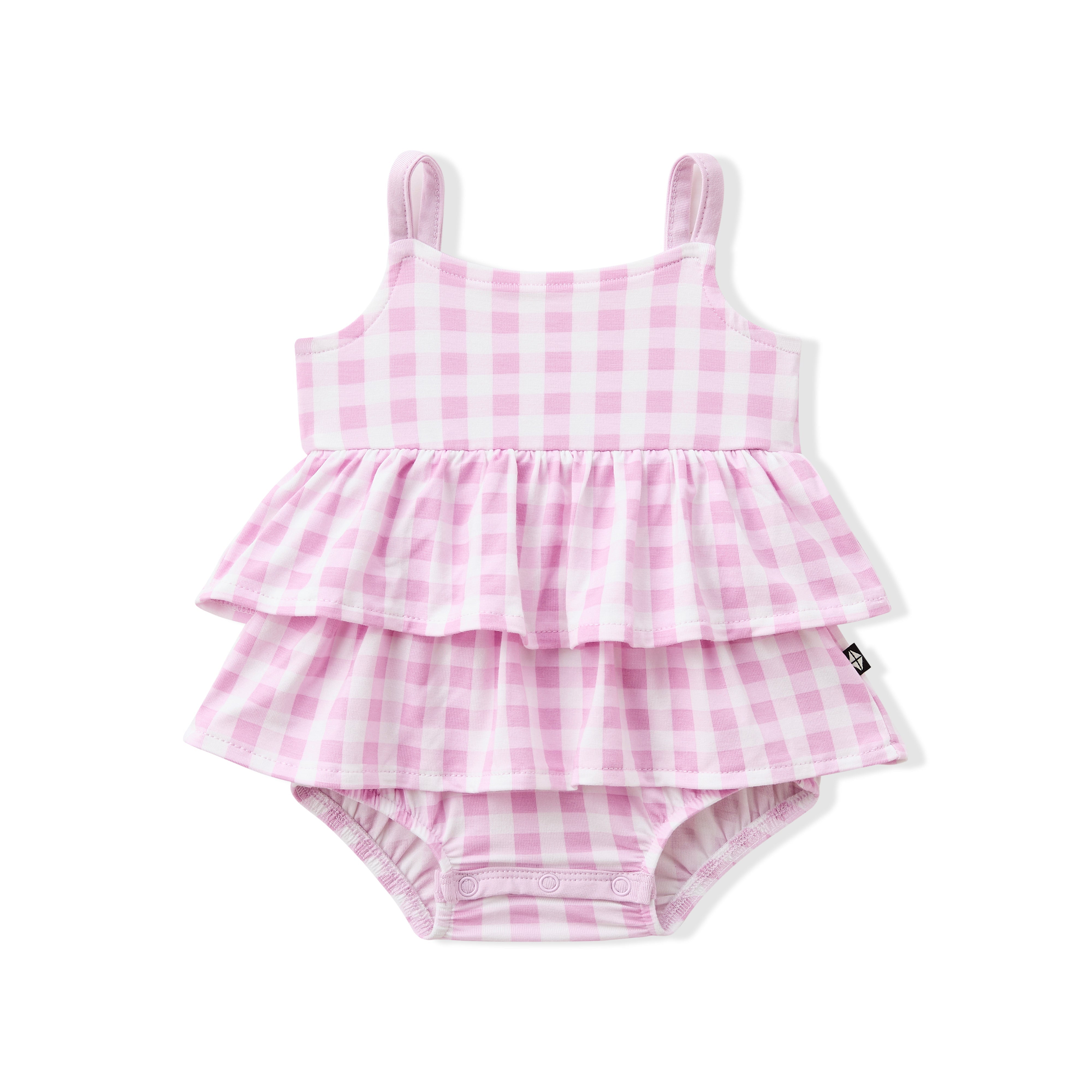 Spaghetti Strap Ruffle Romper in Gingham Thistle