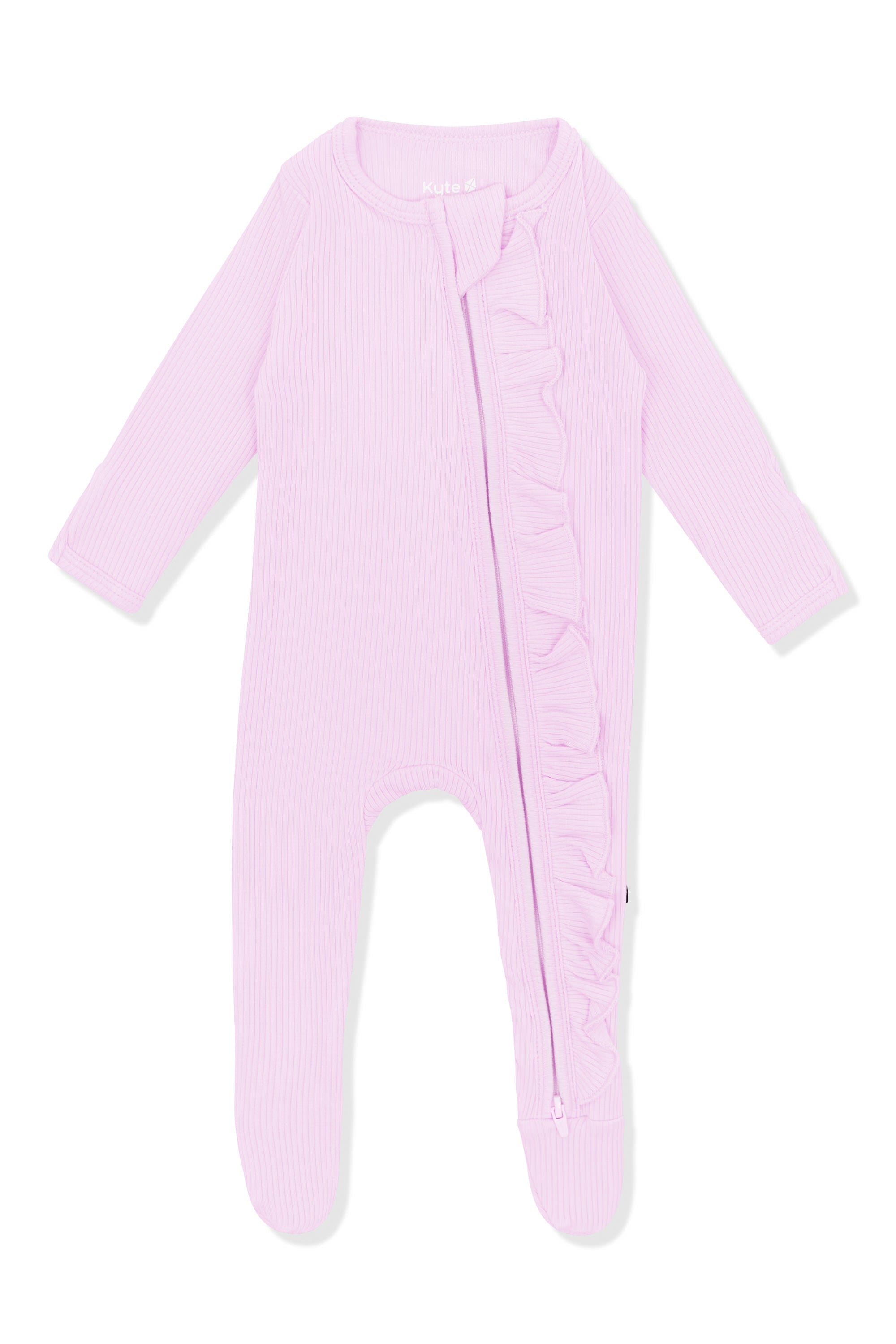 Ribbed Ruffle Zipper Footie in Thistle