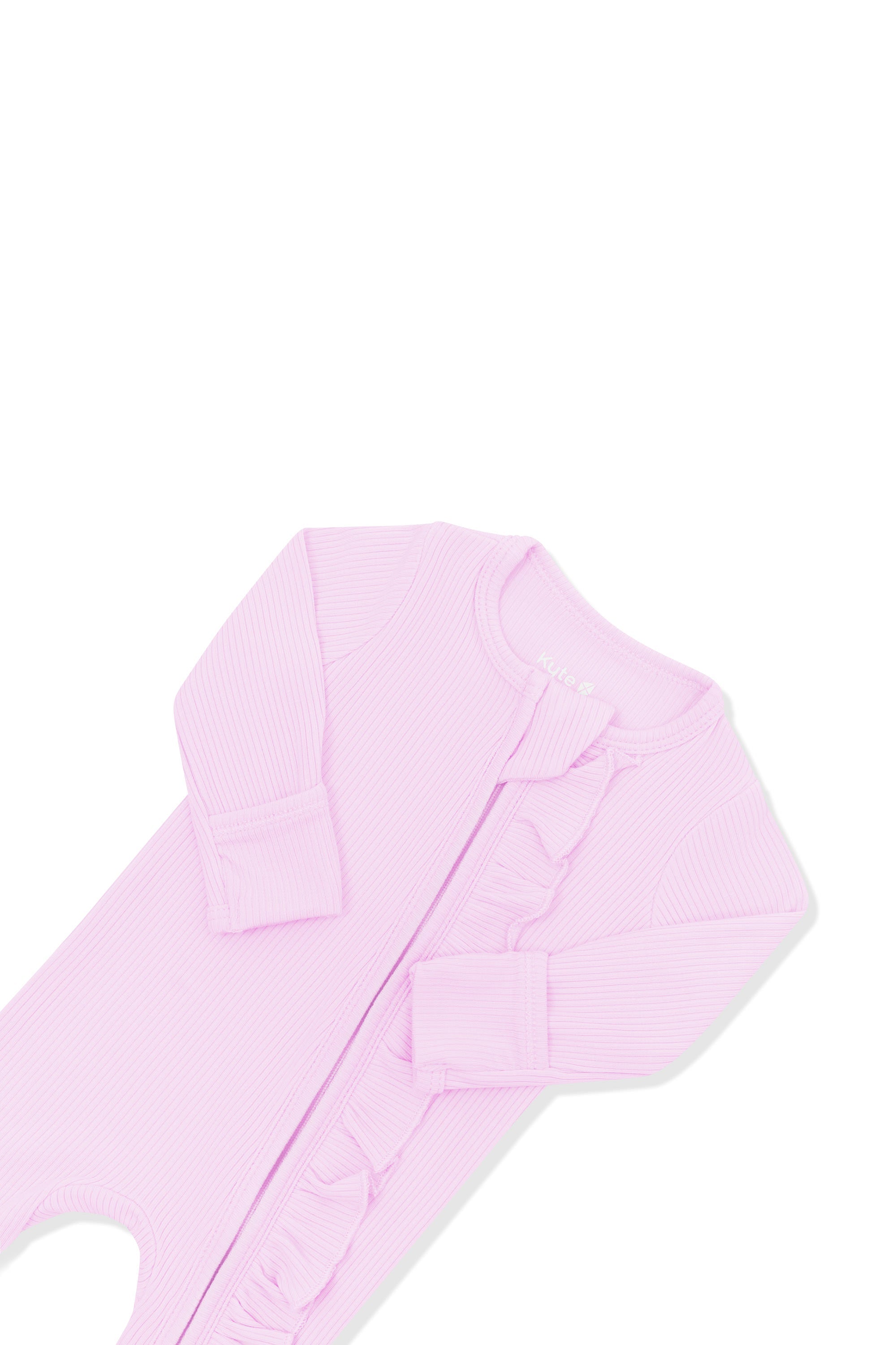 Ribbed Ruffle Zipper Footie in Thistle