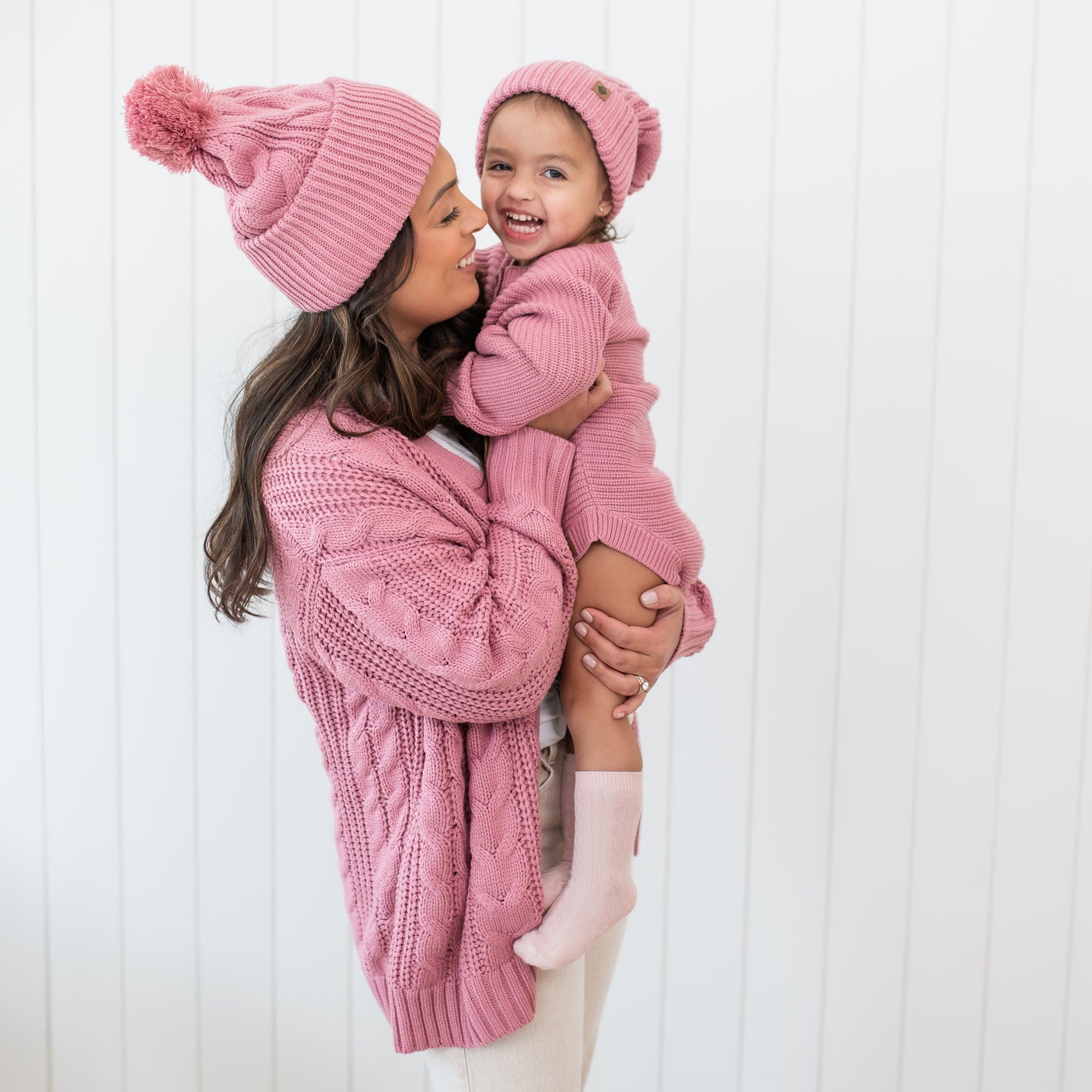Cable Knit Adult Pom Beanie in Apple Blossom
