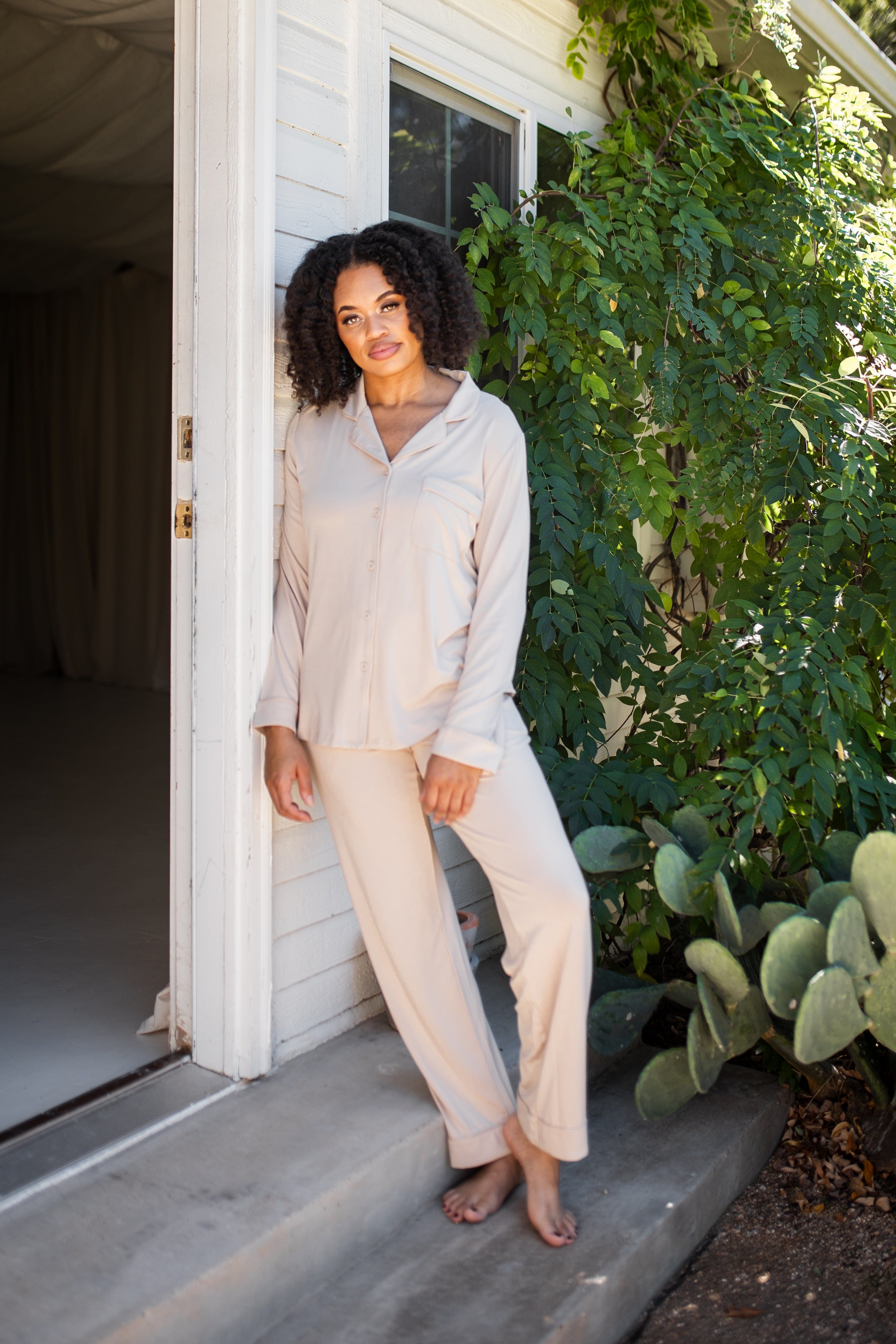 Long-Sleeved Women's Pajama Set in Bisque with Bisque Trim
