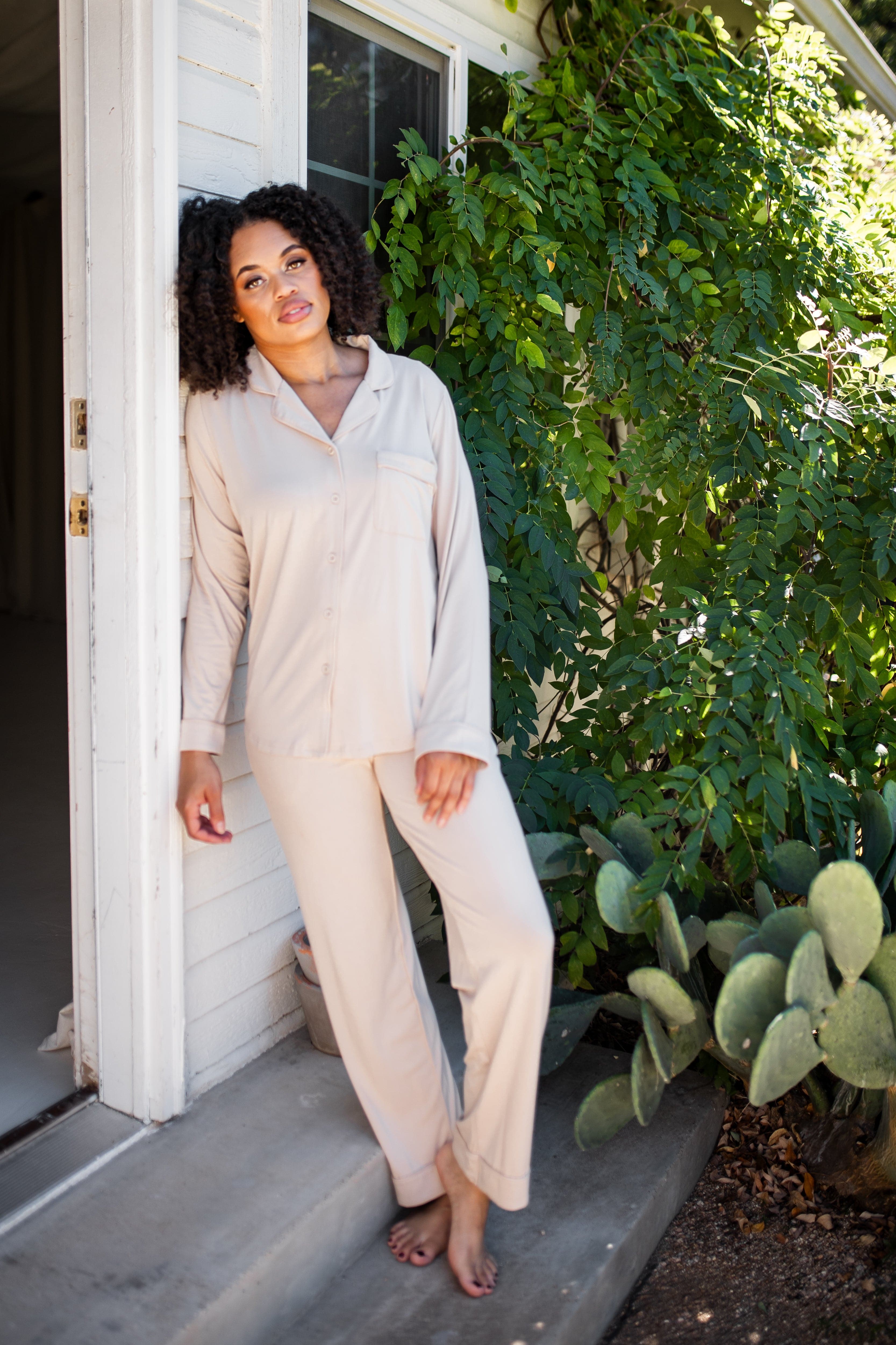 Long-Sleeved Women's Pajama Set in Bisque with Bisque Trim