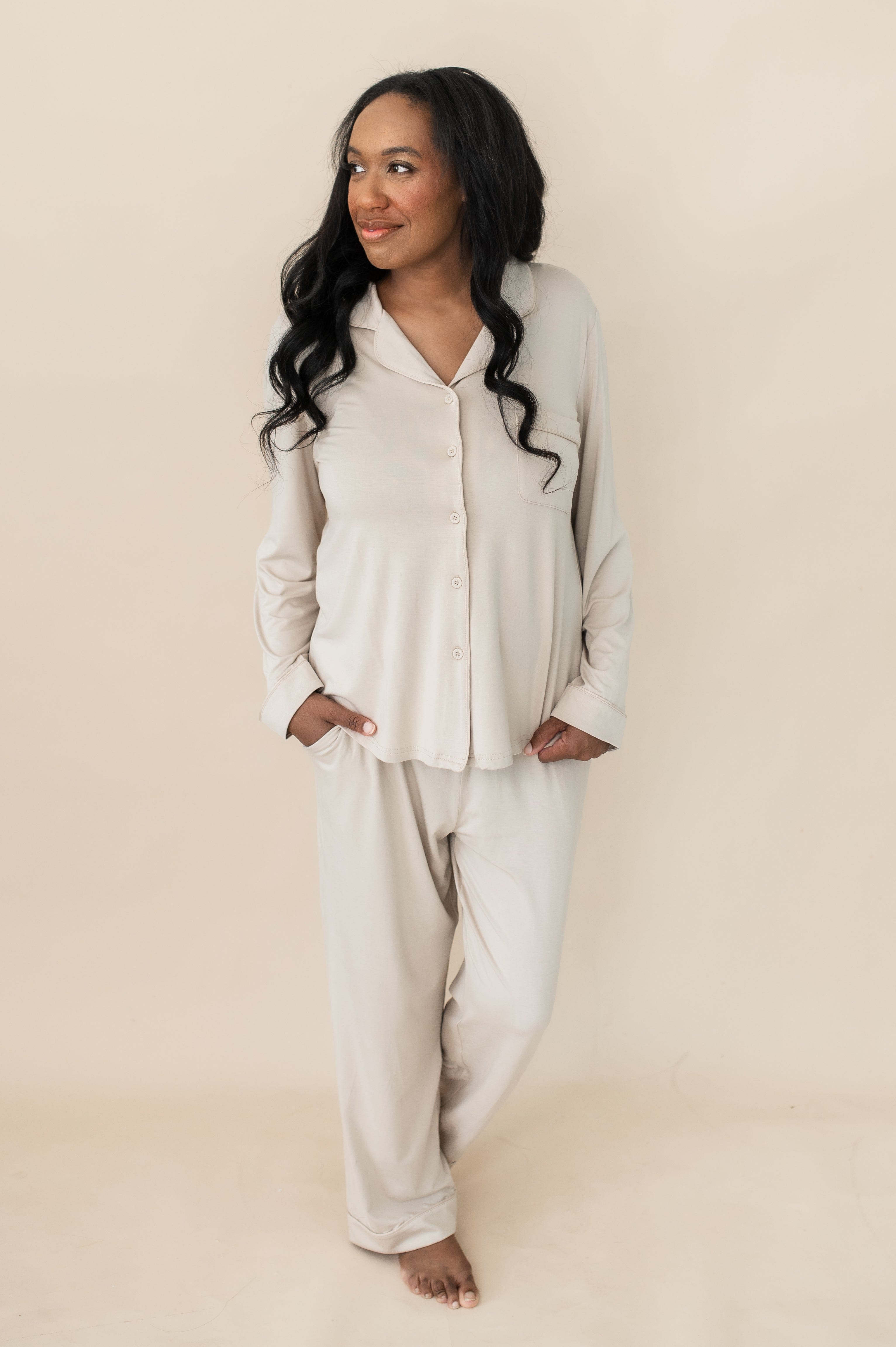 Long-Sleeved Women's Pajama Set in Bisque with Bisque Trim