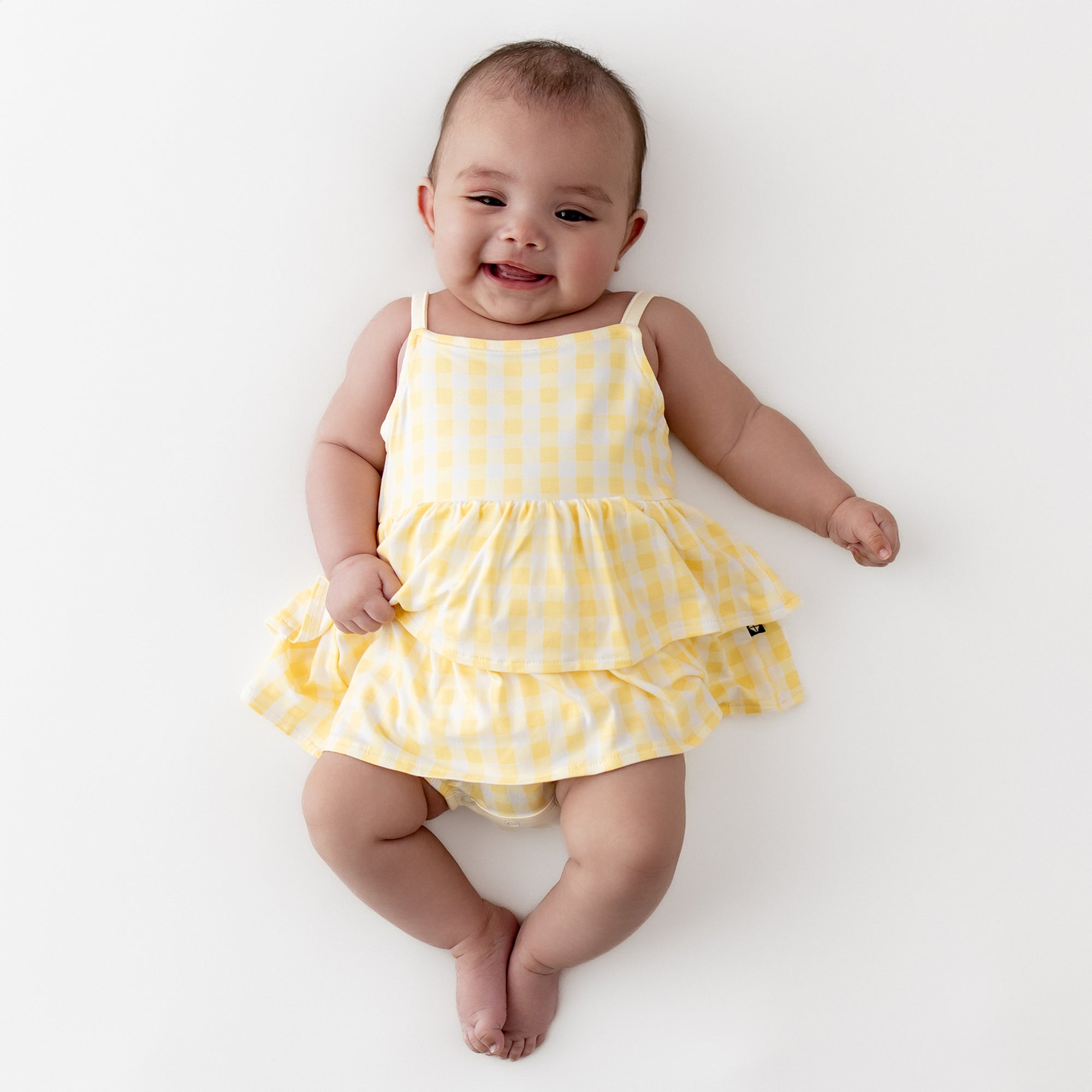 Spaghetti Strap Ruffle Romper in Gingham Chamomile