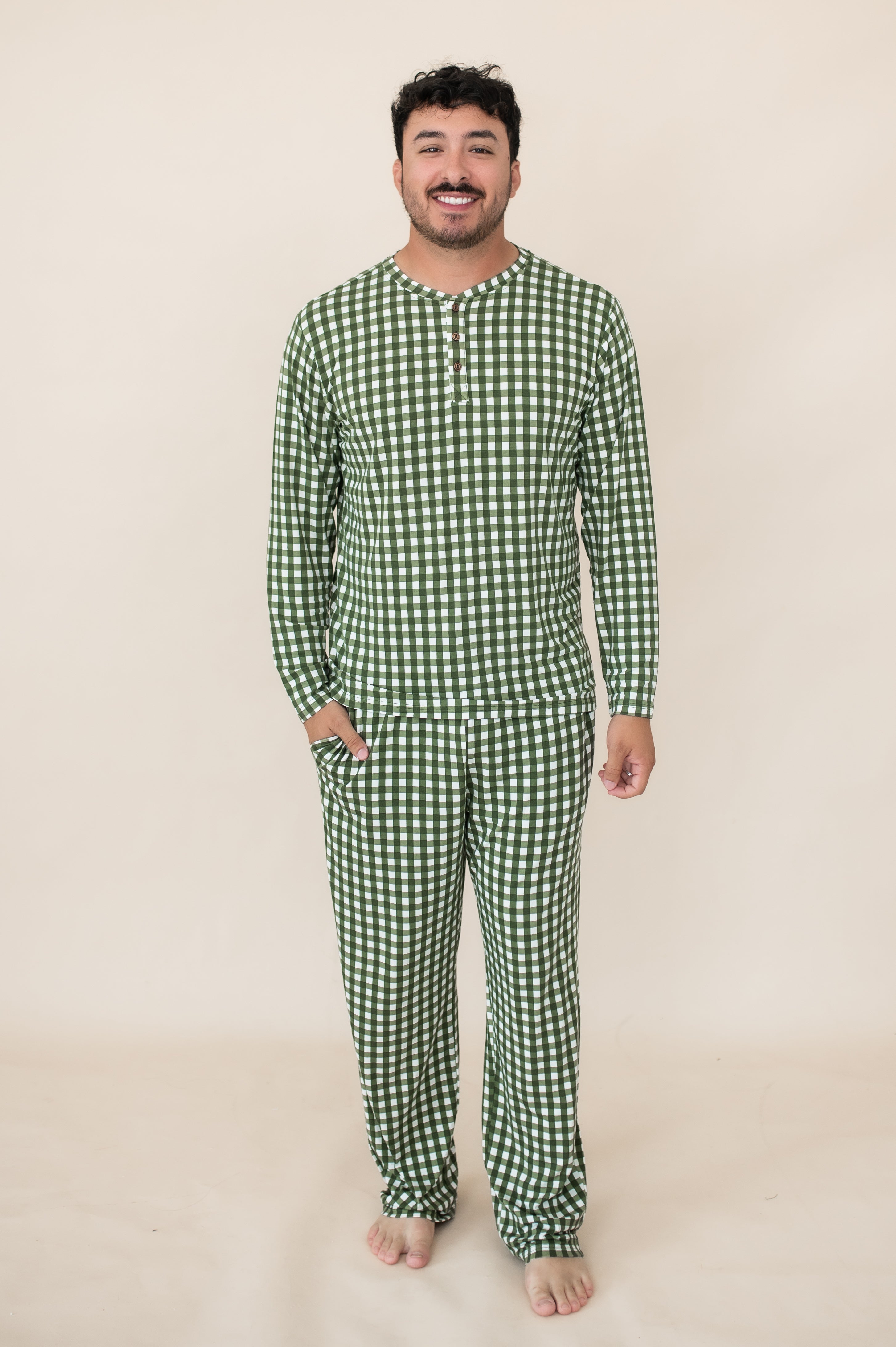 Men's Long Sleeve Henley Top in Gingham Fir