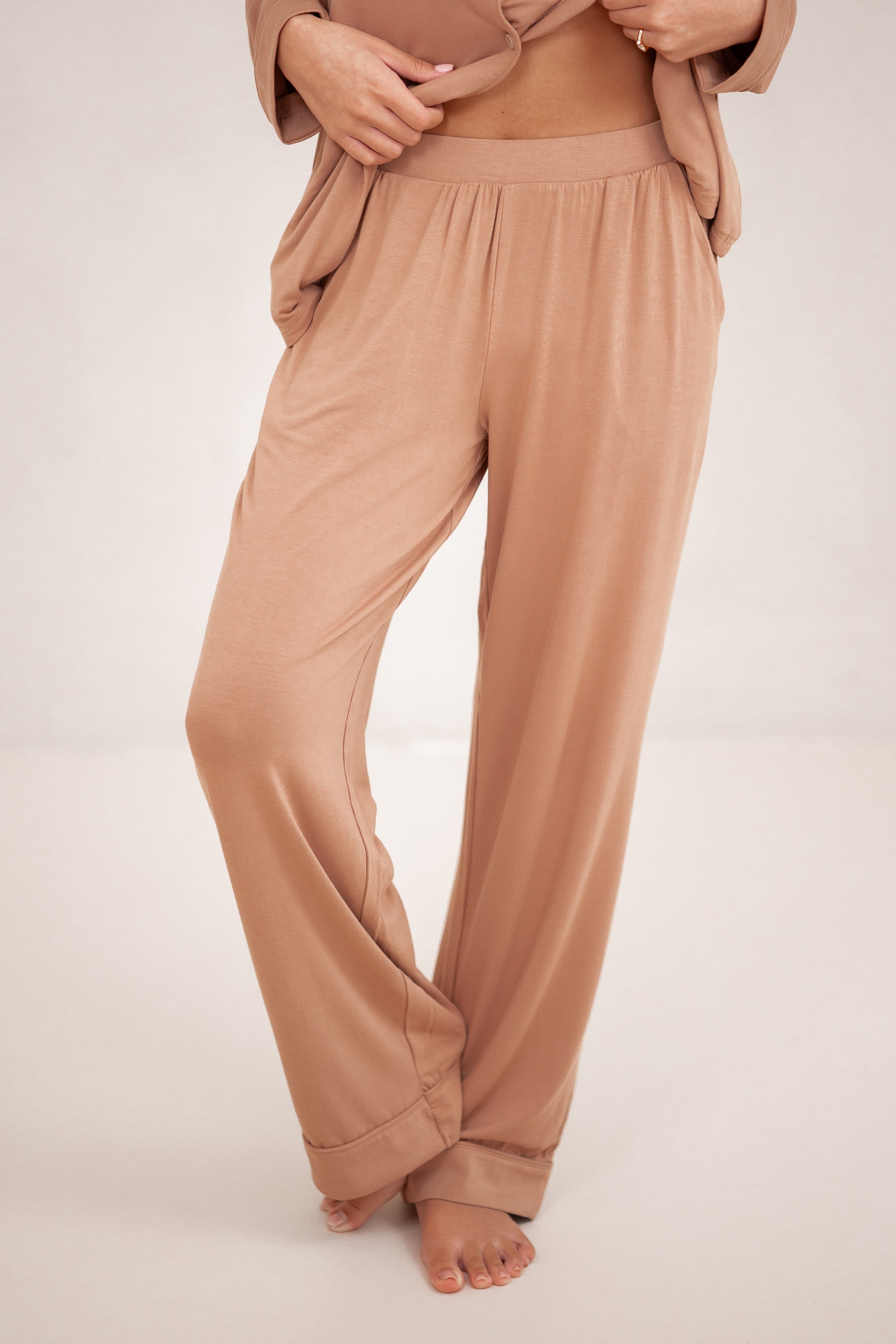 Long-Sleeved Women's Pajama Set in Latte with Latte Trim