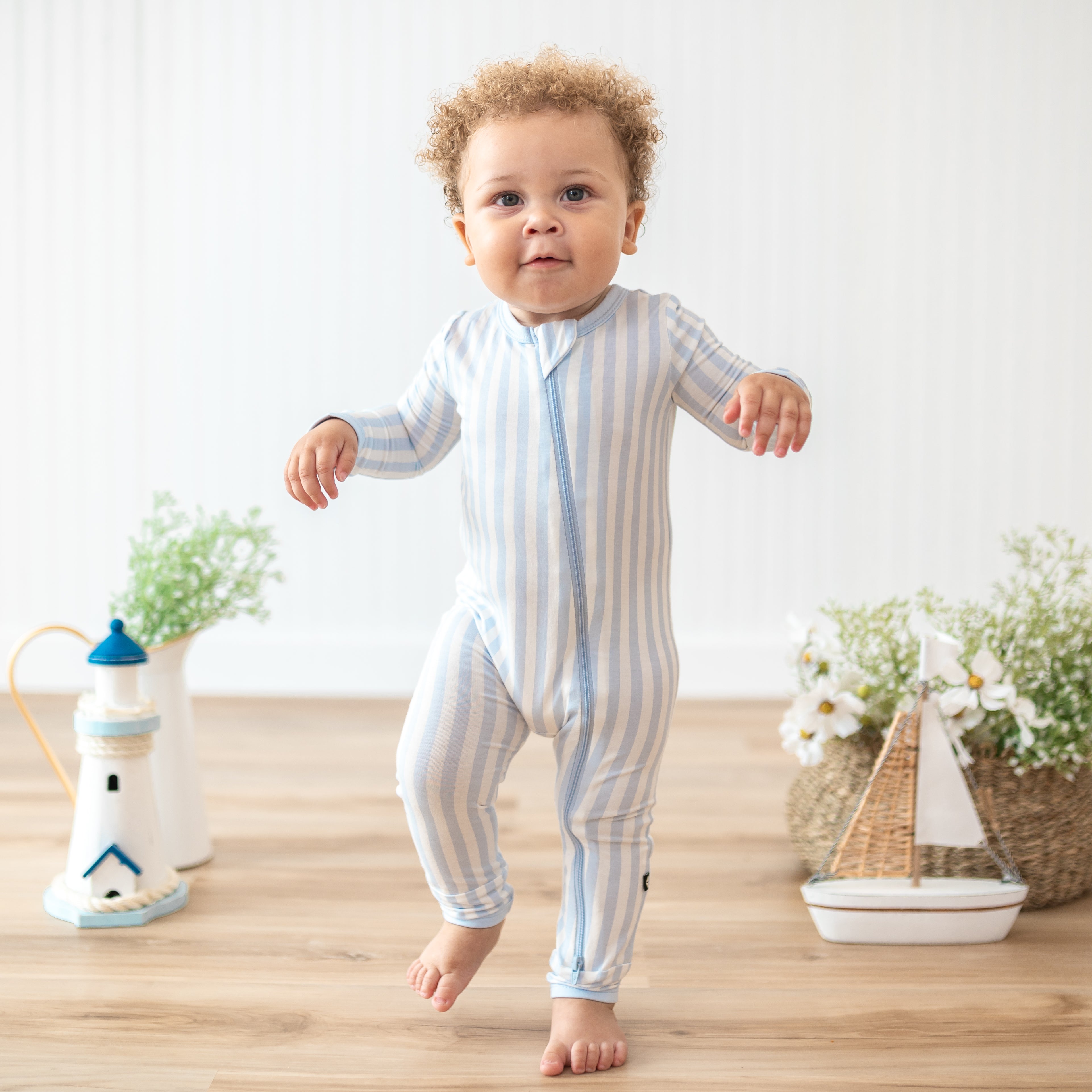 Zippered Romper in Small Mist Stripe
