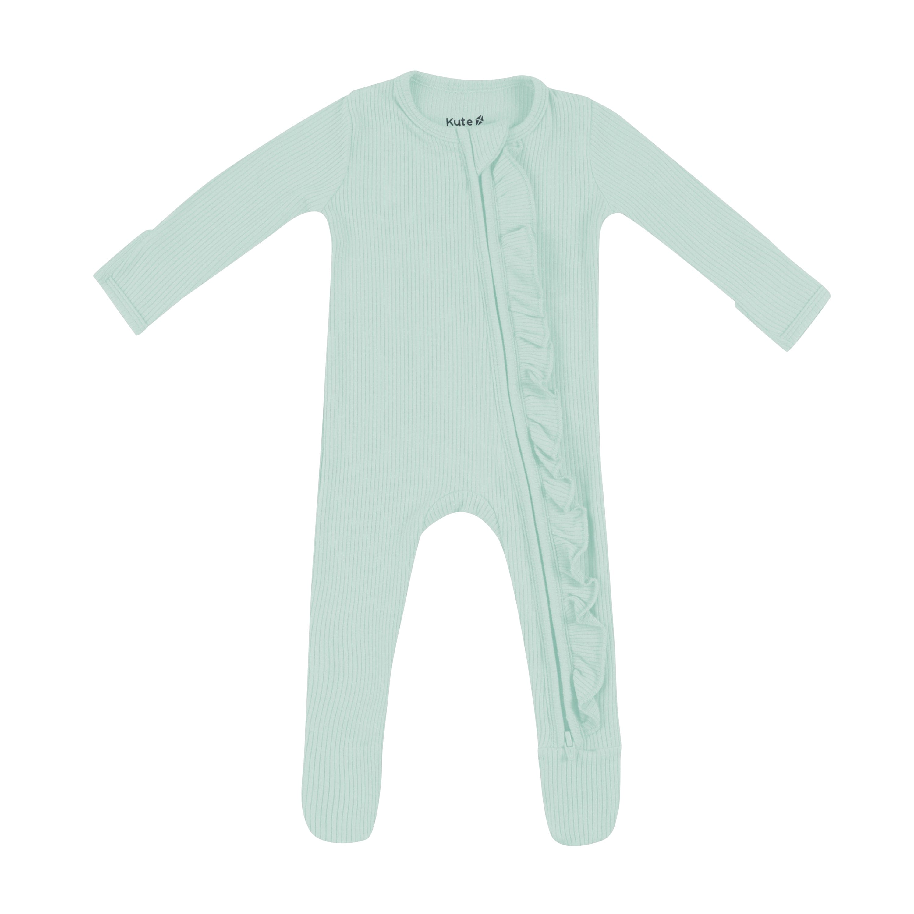 Ribbed Ruffle Zipper Footie in Sage