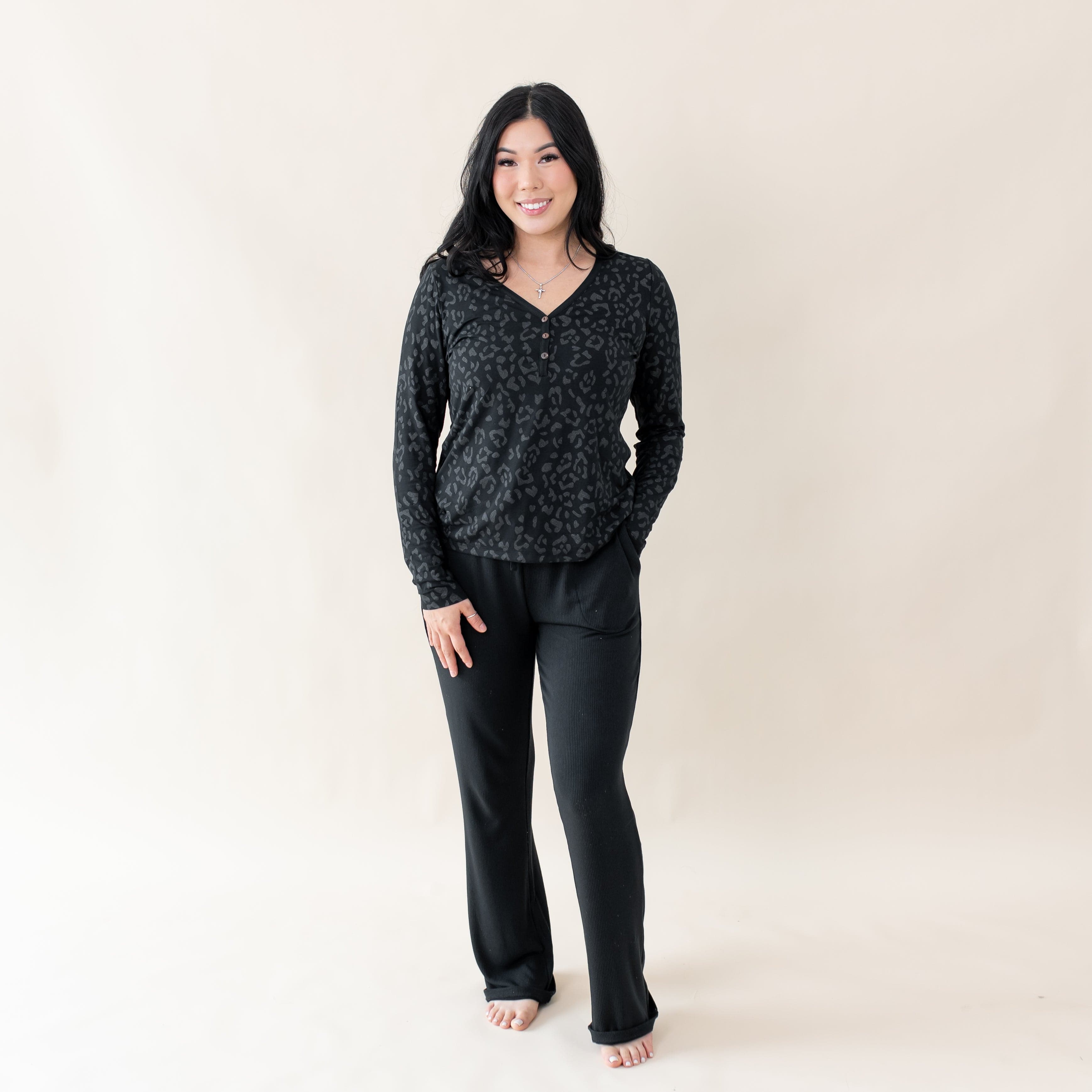 Women's Long Sleeve Henley Tee in Midnight Leopard