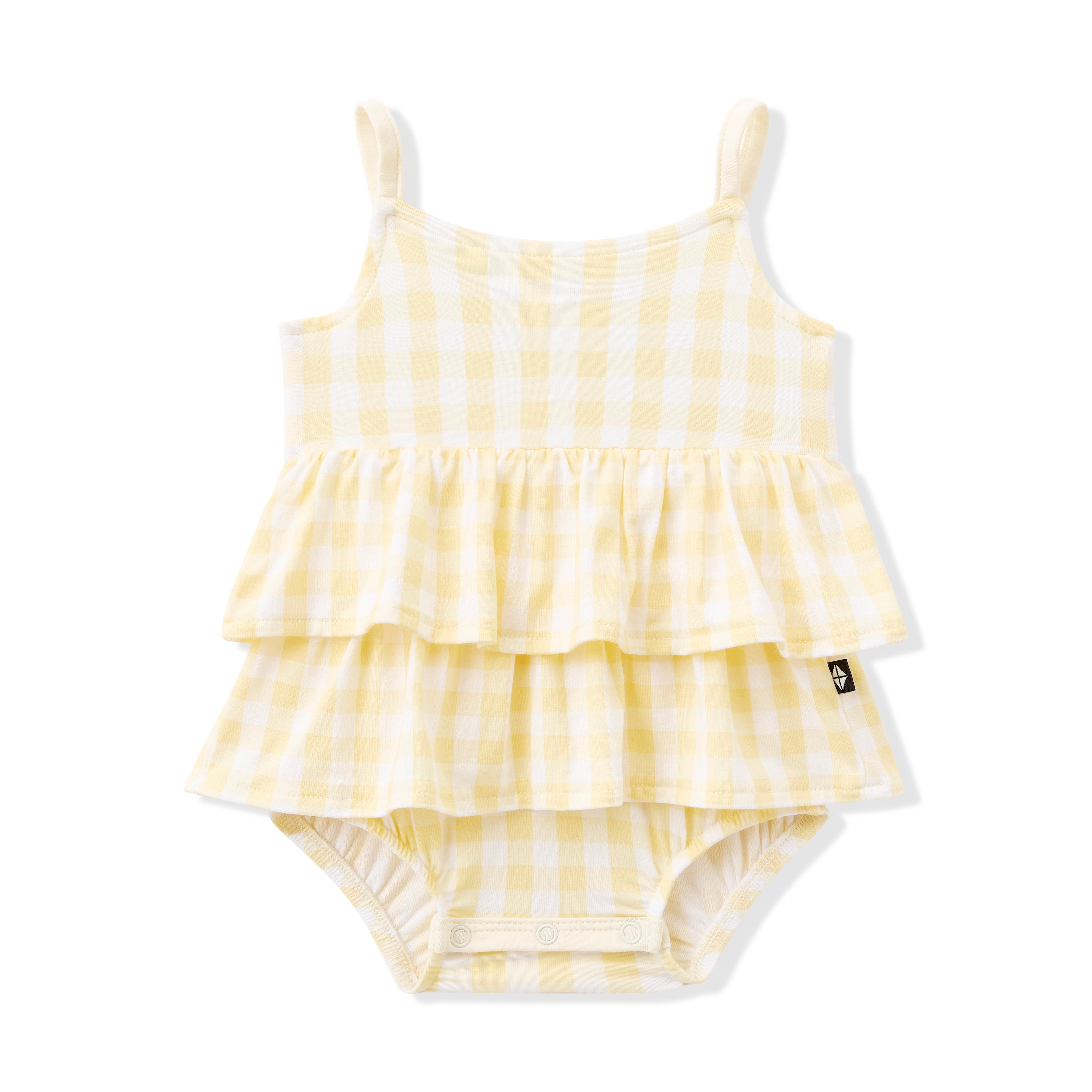 Spaghetti Strap Ruffle Romper in Gingham Chamomile