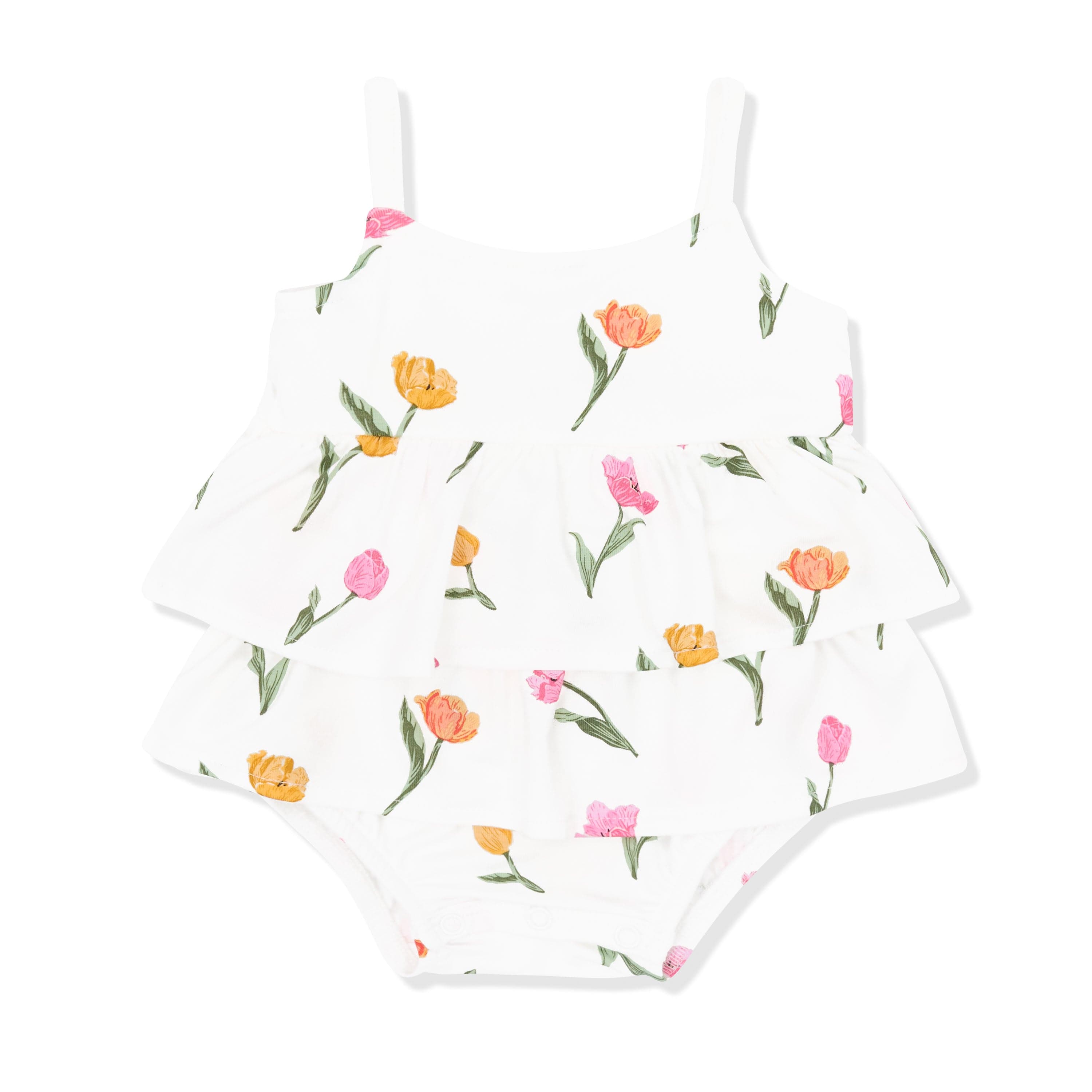 Spaghetti Strap Ruffle Romper in Tulip