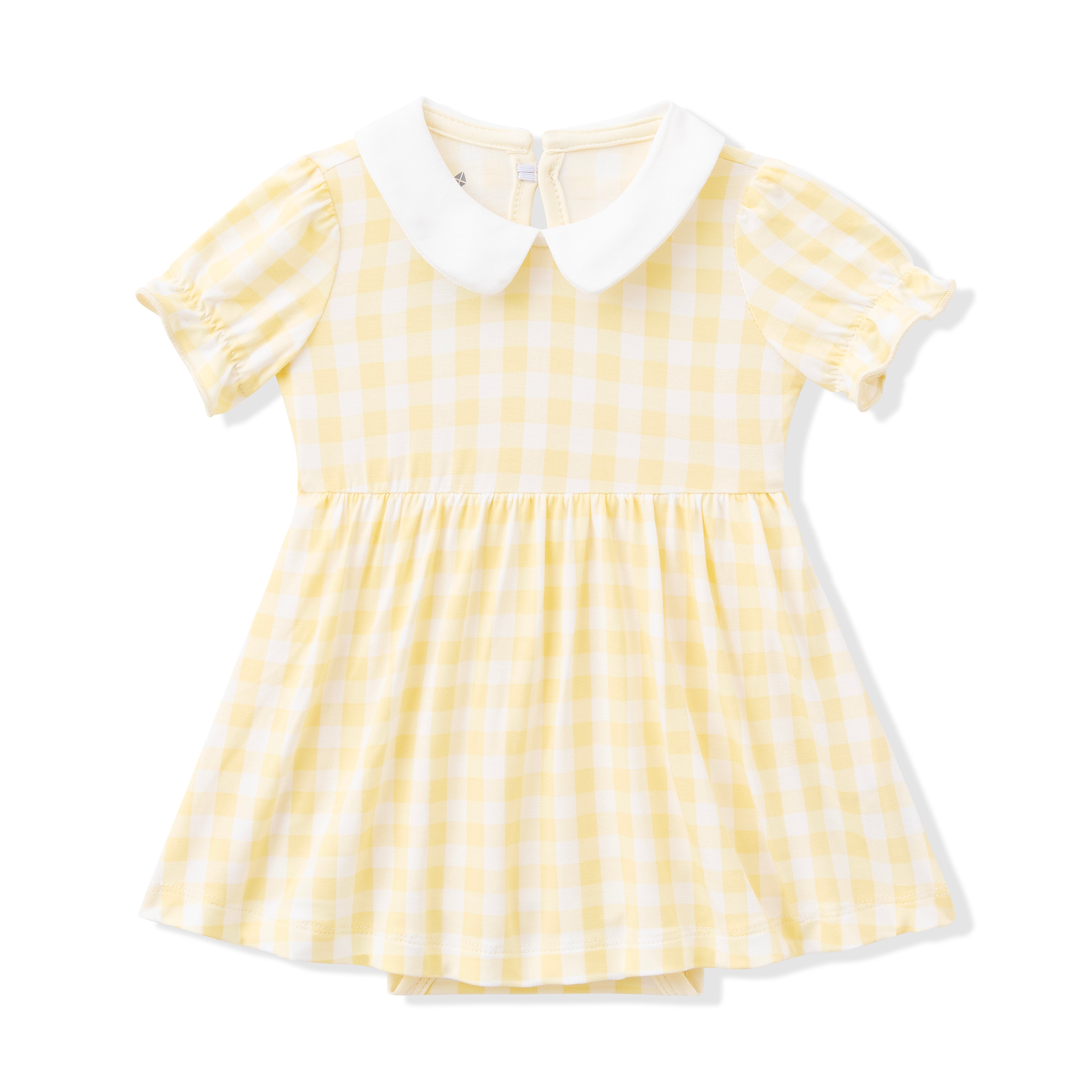 Peter Pan Collar Bodysuit Dress in Gingham Chamomile