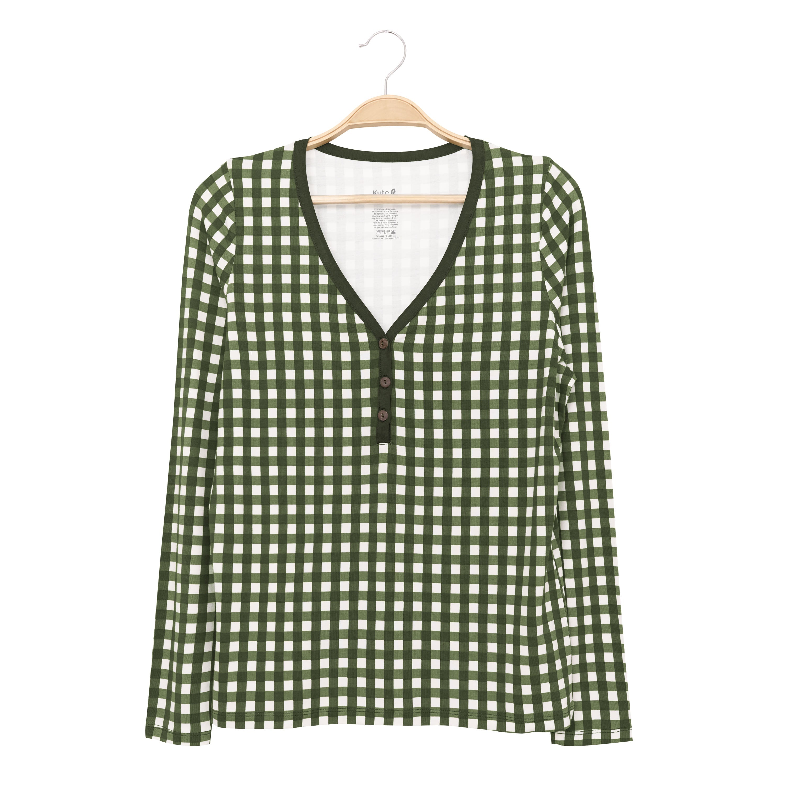 Women's Long Sleeve Henley Tee in Gingham Fir