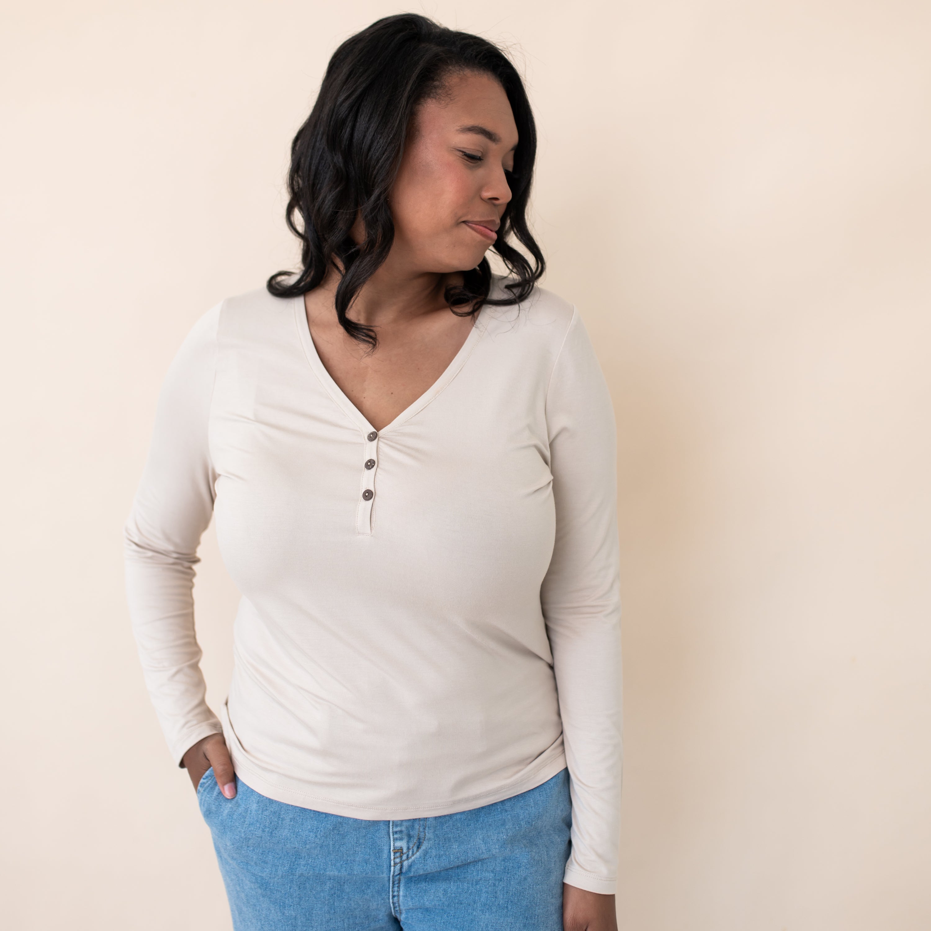 Women's Long Sleeve Henley Tee in Bisque