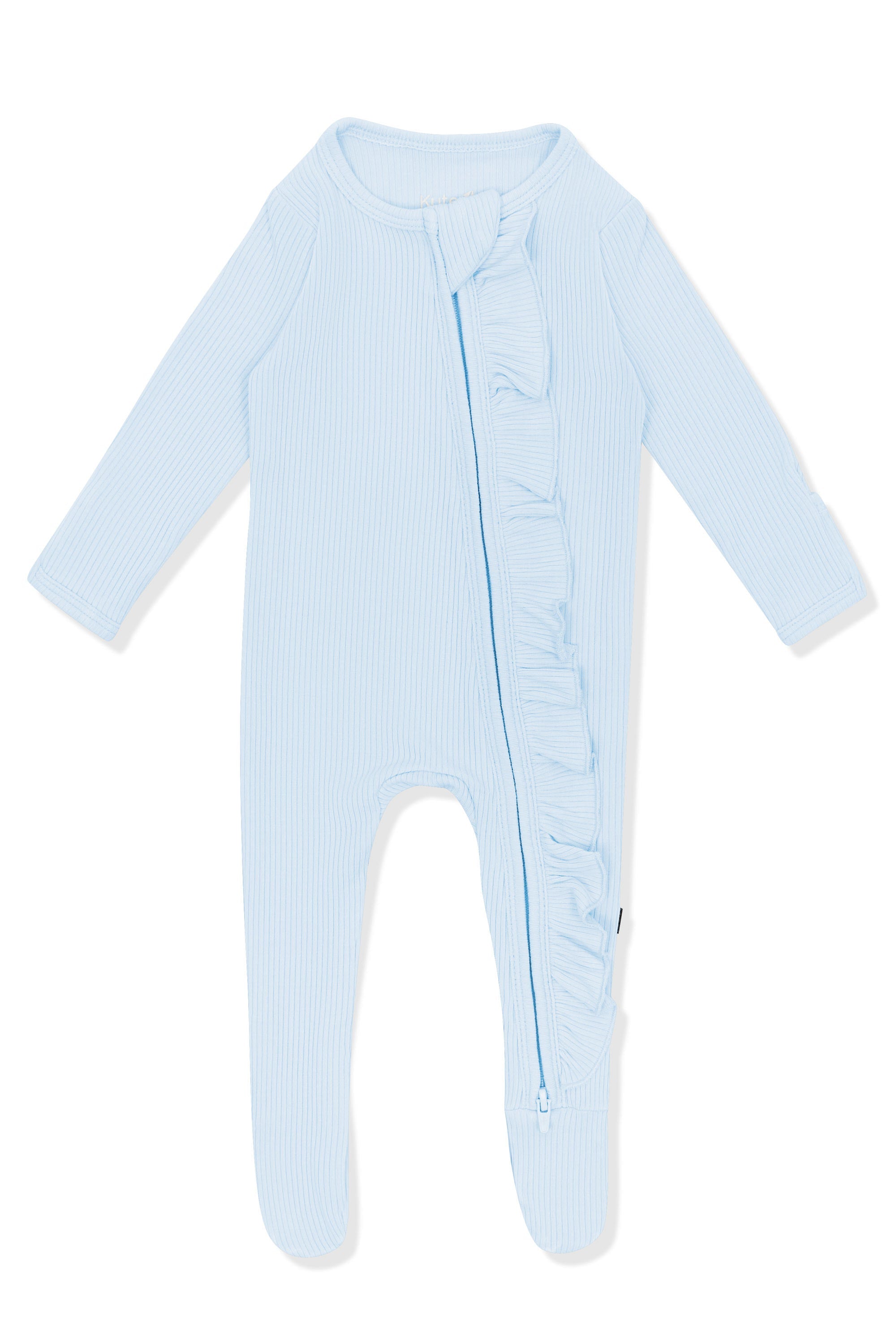 Ribbed Ruffle Zipper Footie in Breeze