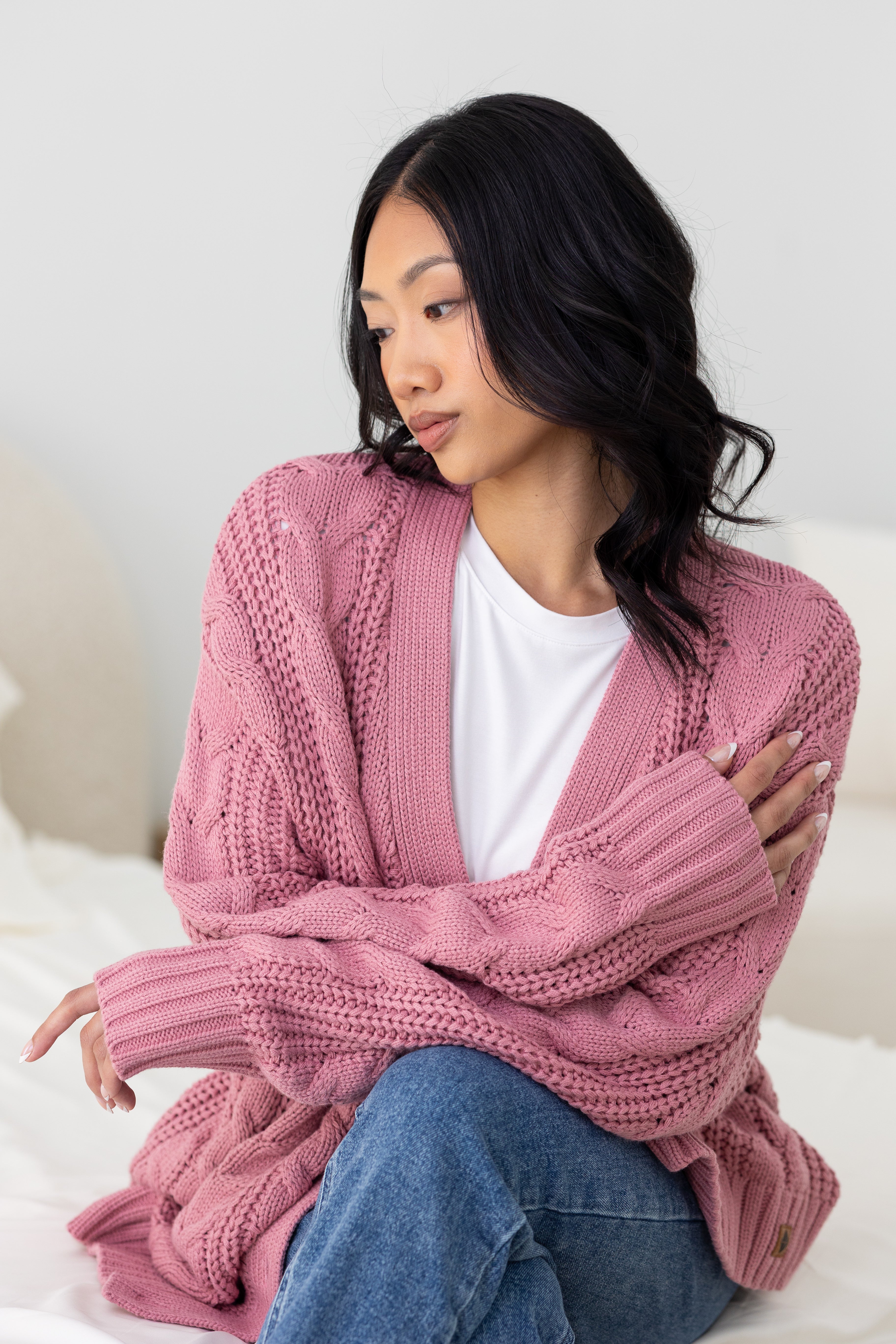 Cable Knit Adult Cardigan in Apple Blossom