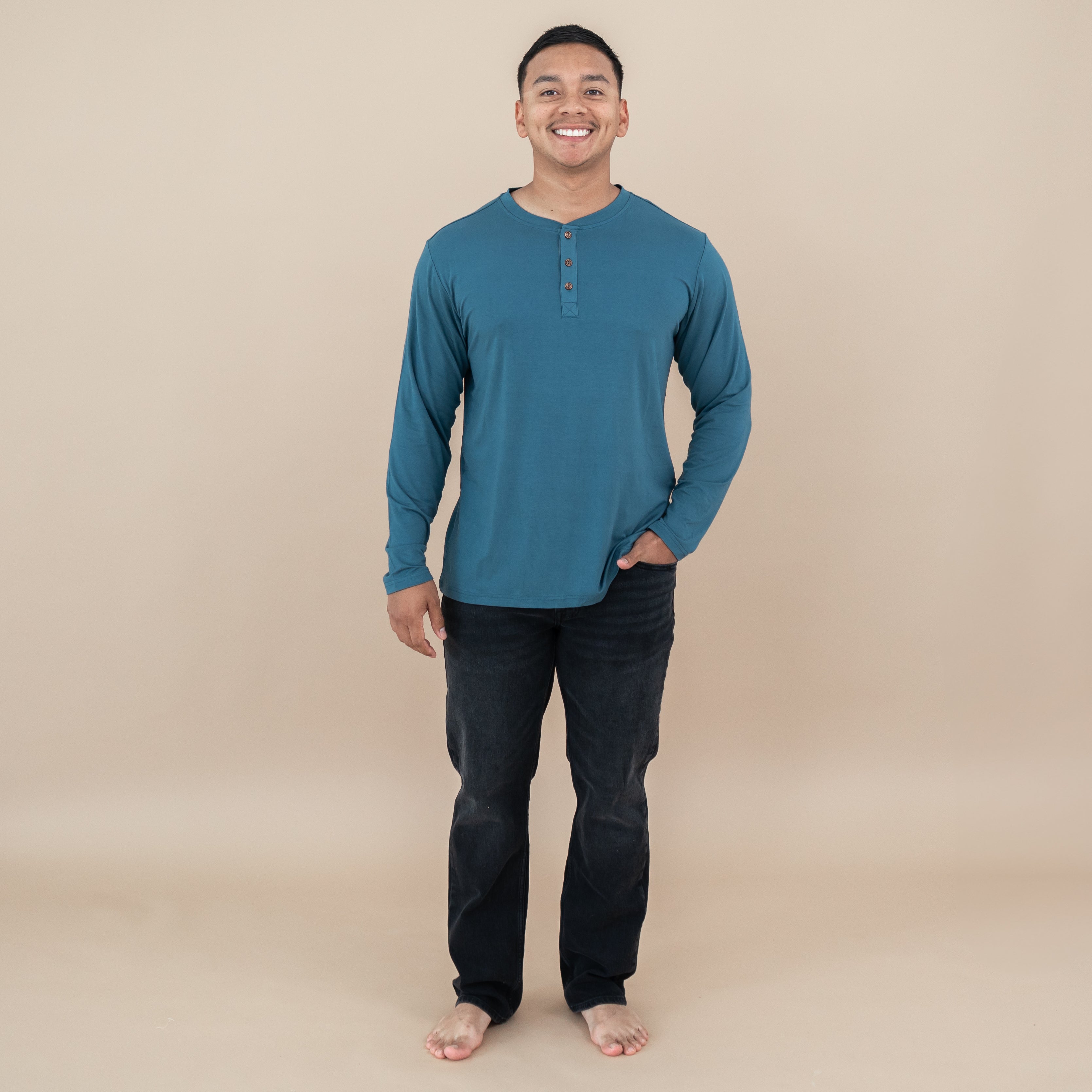 Men's Long Sleeve Henley Top in Atlantic
