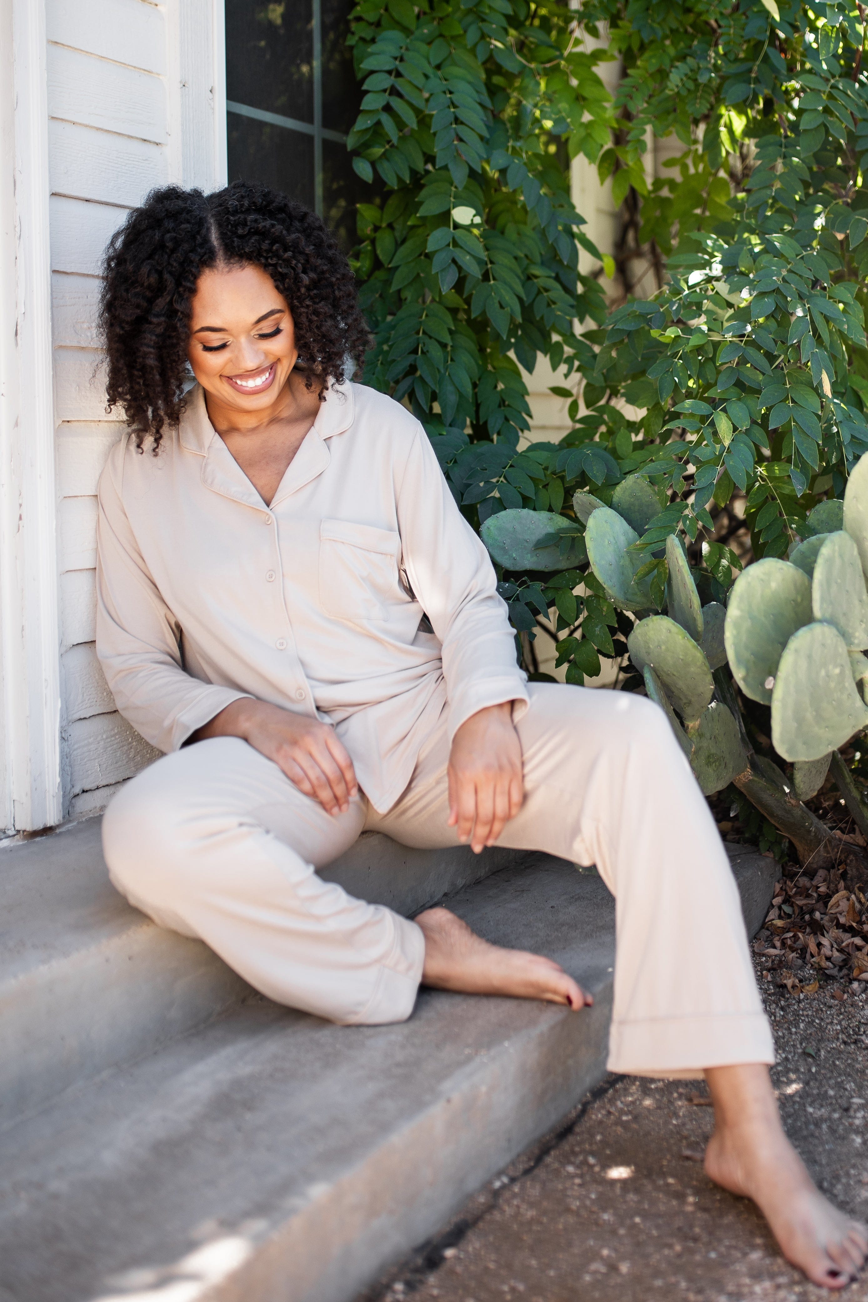 Long-Sleeved Women's Pajama Set in Bisque with Bisque Trim