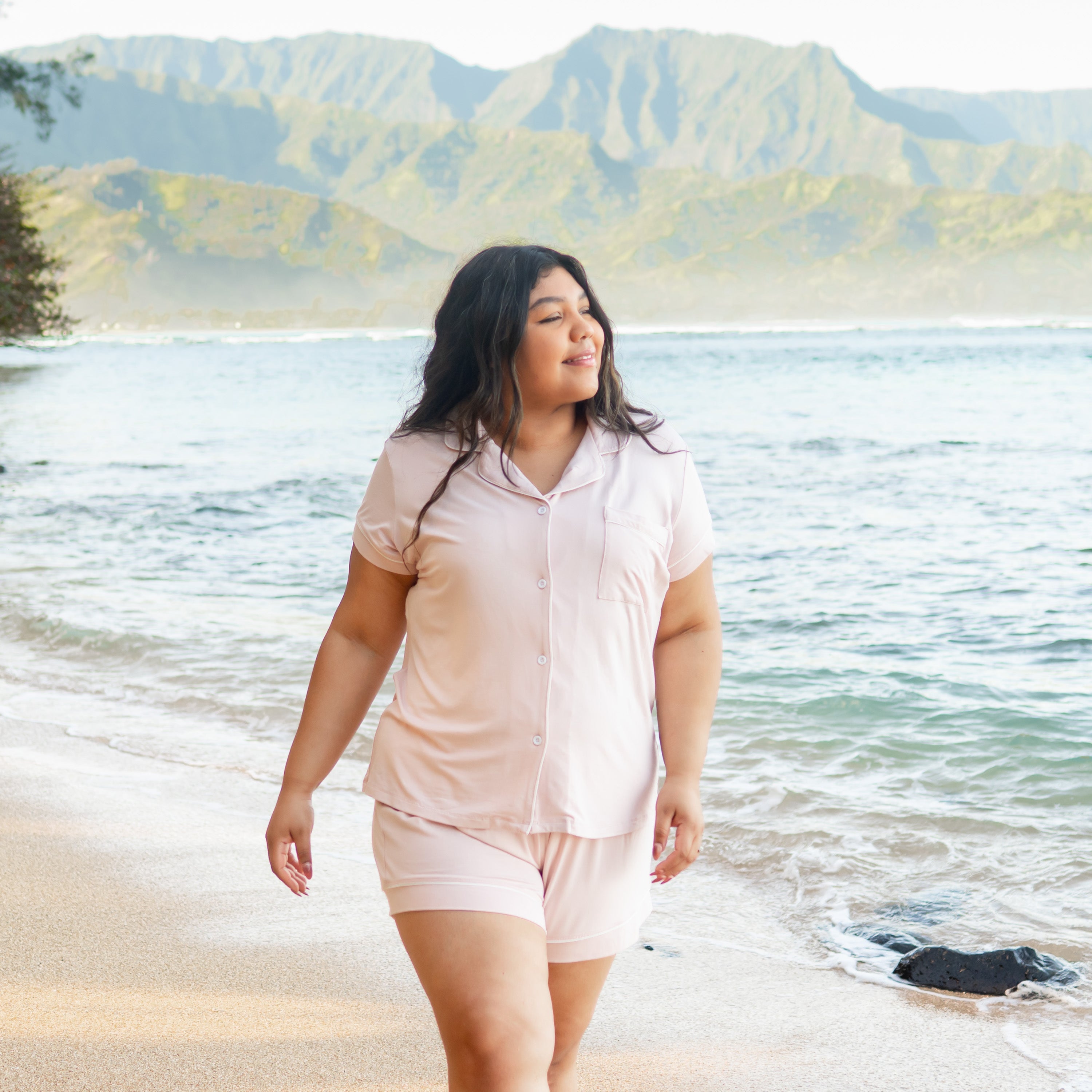Women’s Short Sleeve Pajama Set in Blush with Cloud Trim