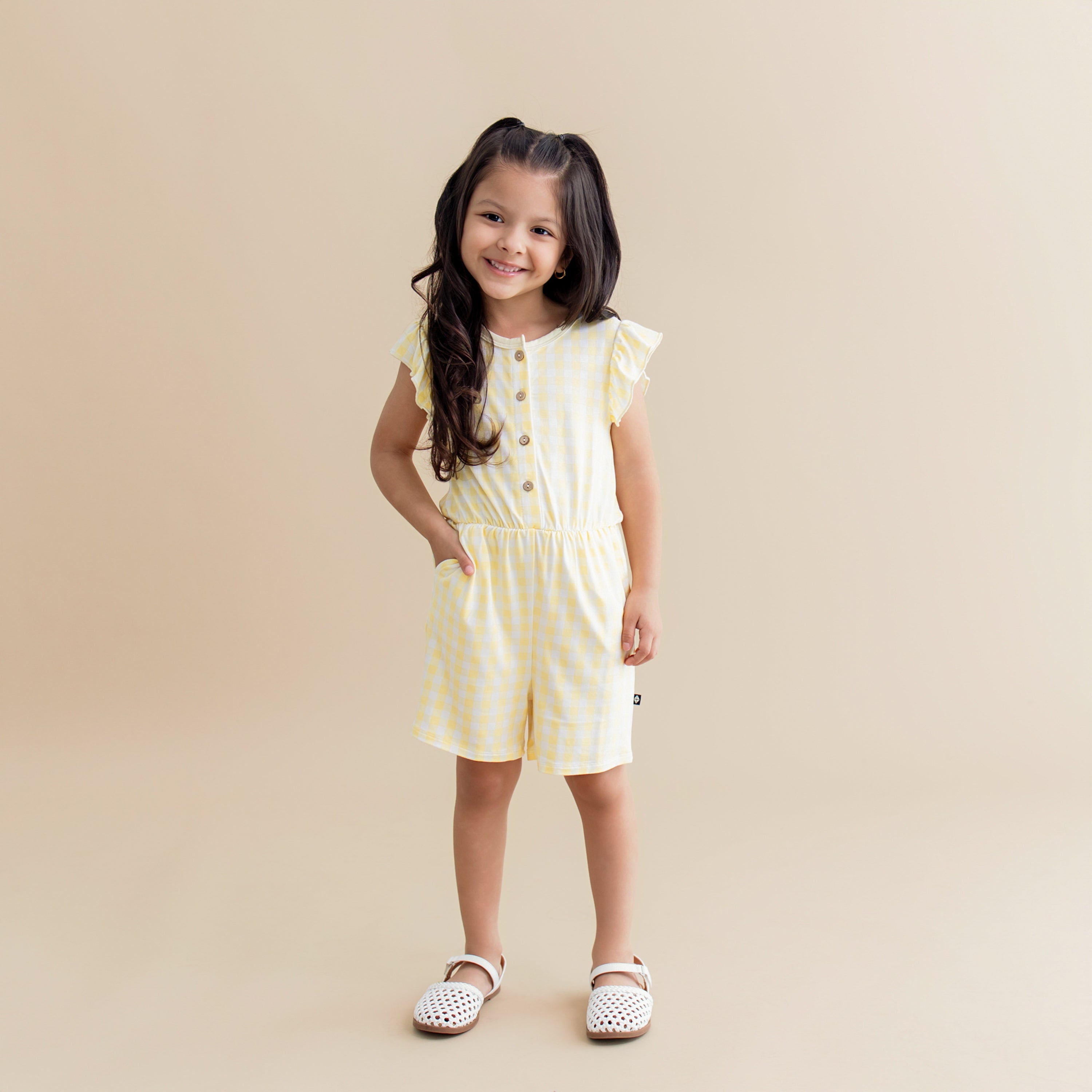 Flutter Sleeve Romper in Gingham Chamomile