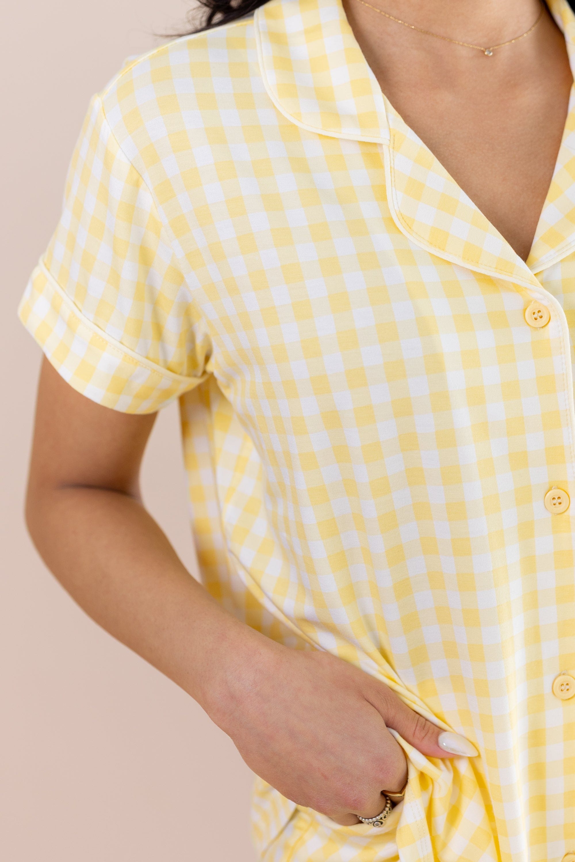 Women's Short Sleeve Cropped Pajama Set in Gingham Chamomile
