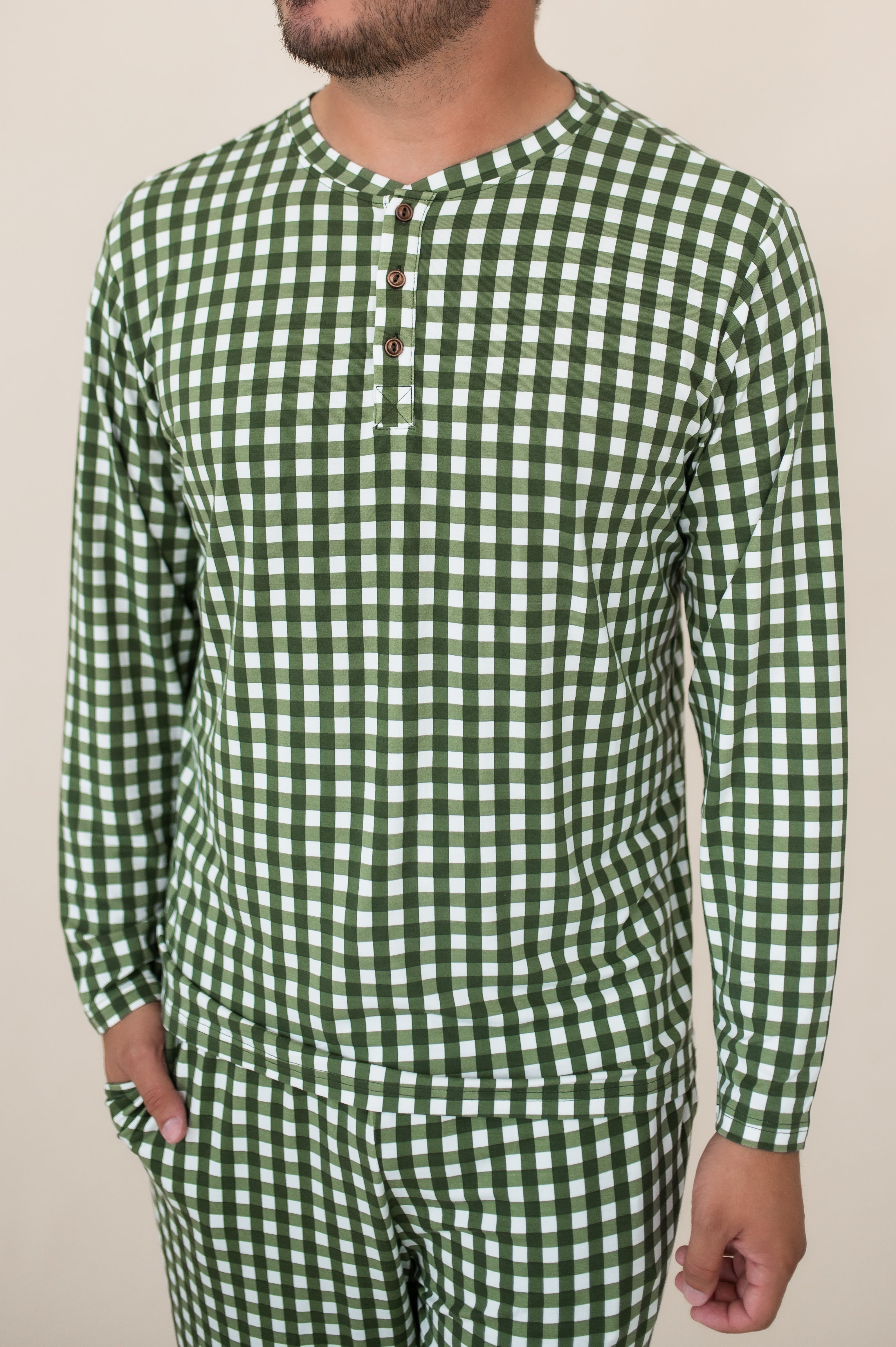 Men's Long Sleeve Henley Top in Gingham Fir