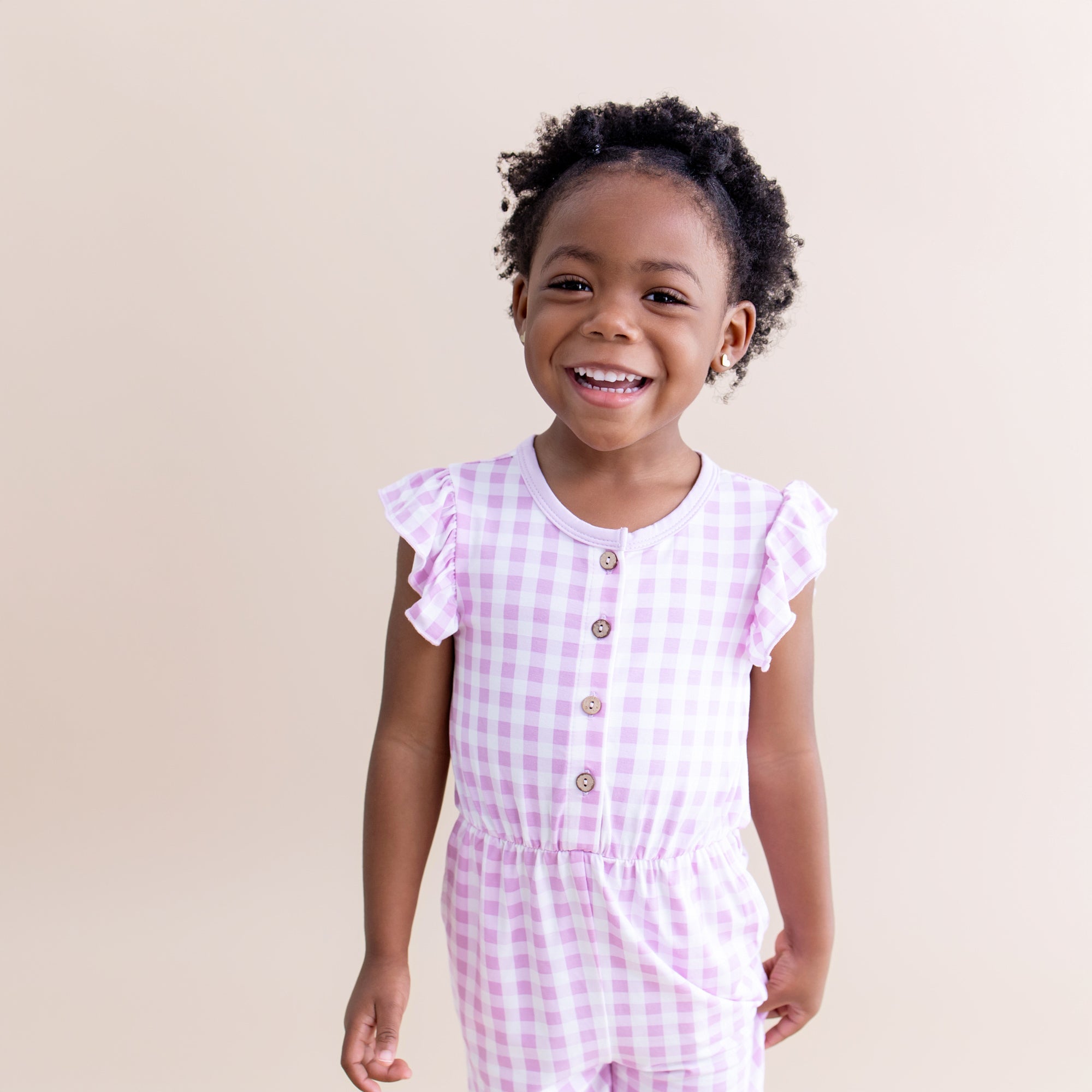Flutter Sleeve Romper in Gingham Thistle