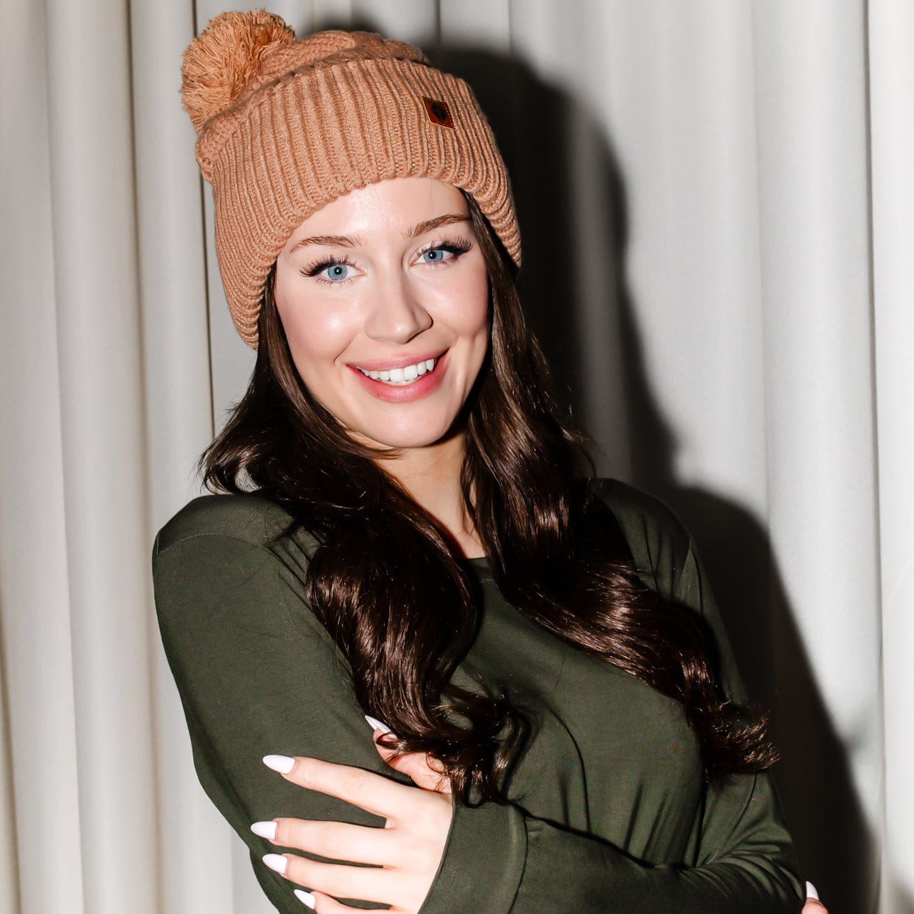 Cable Knit Adult Pom Beanie in Latte