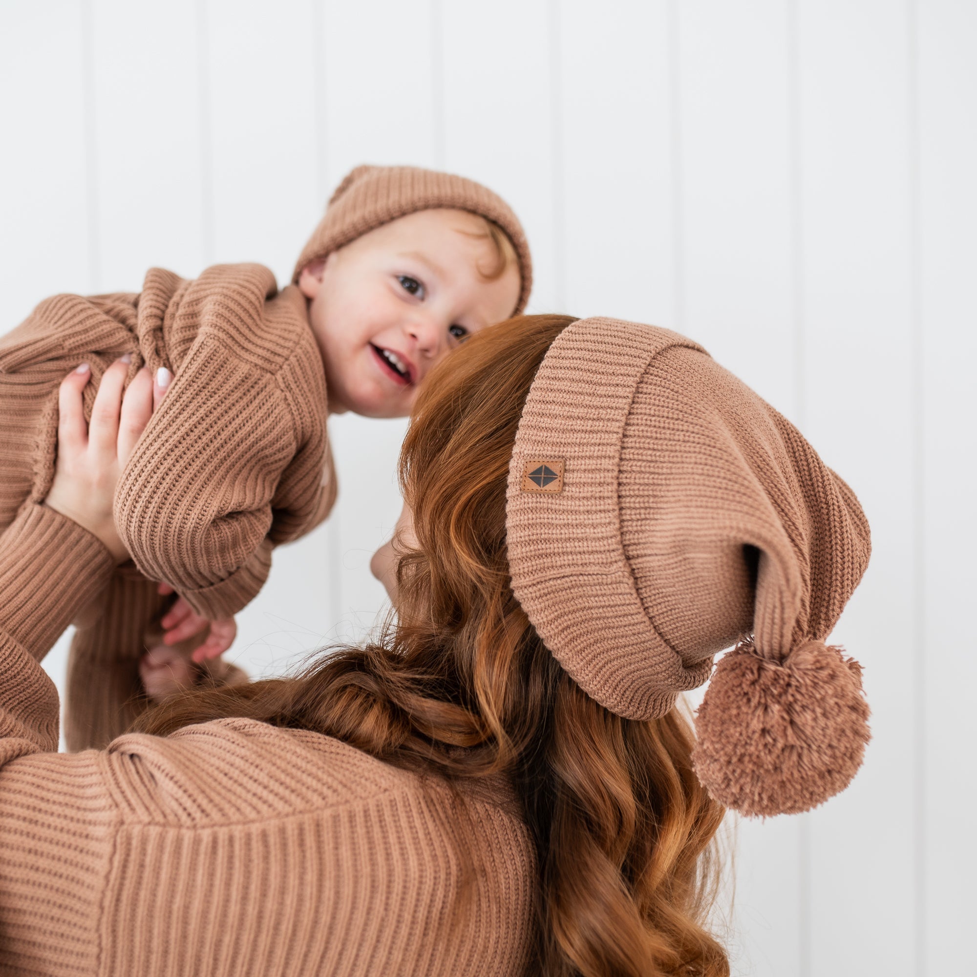 Chunky Knit Adult Pom Beanie in Latte