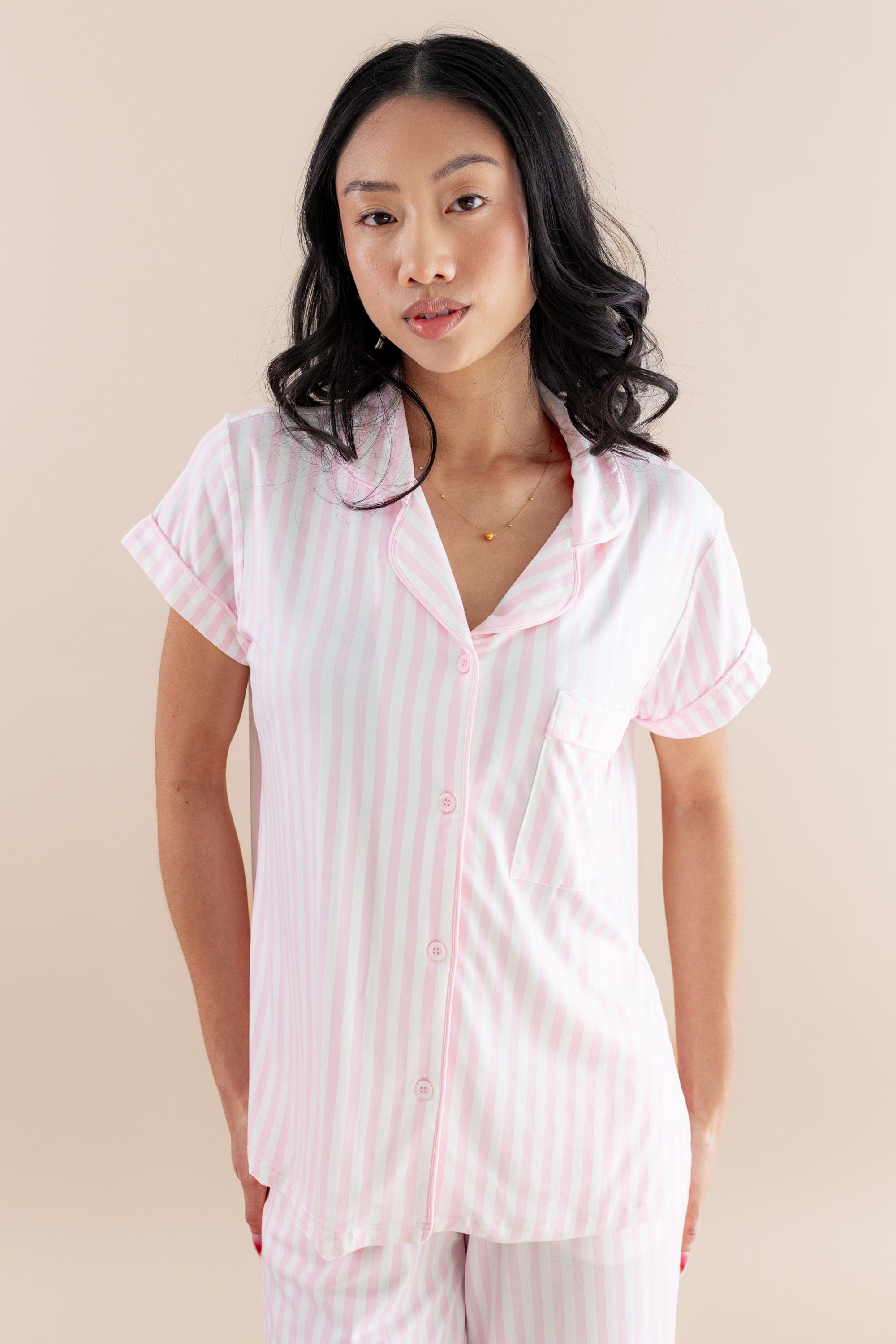 Women's Short Sleeve Cropped Pajama Set in Small Sakura Stripe