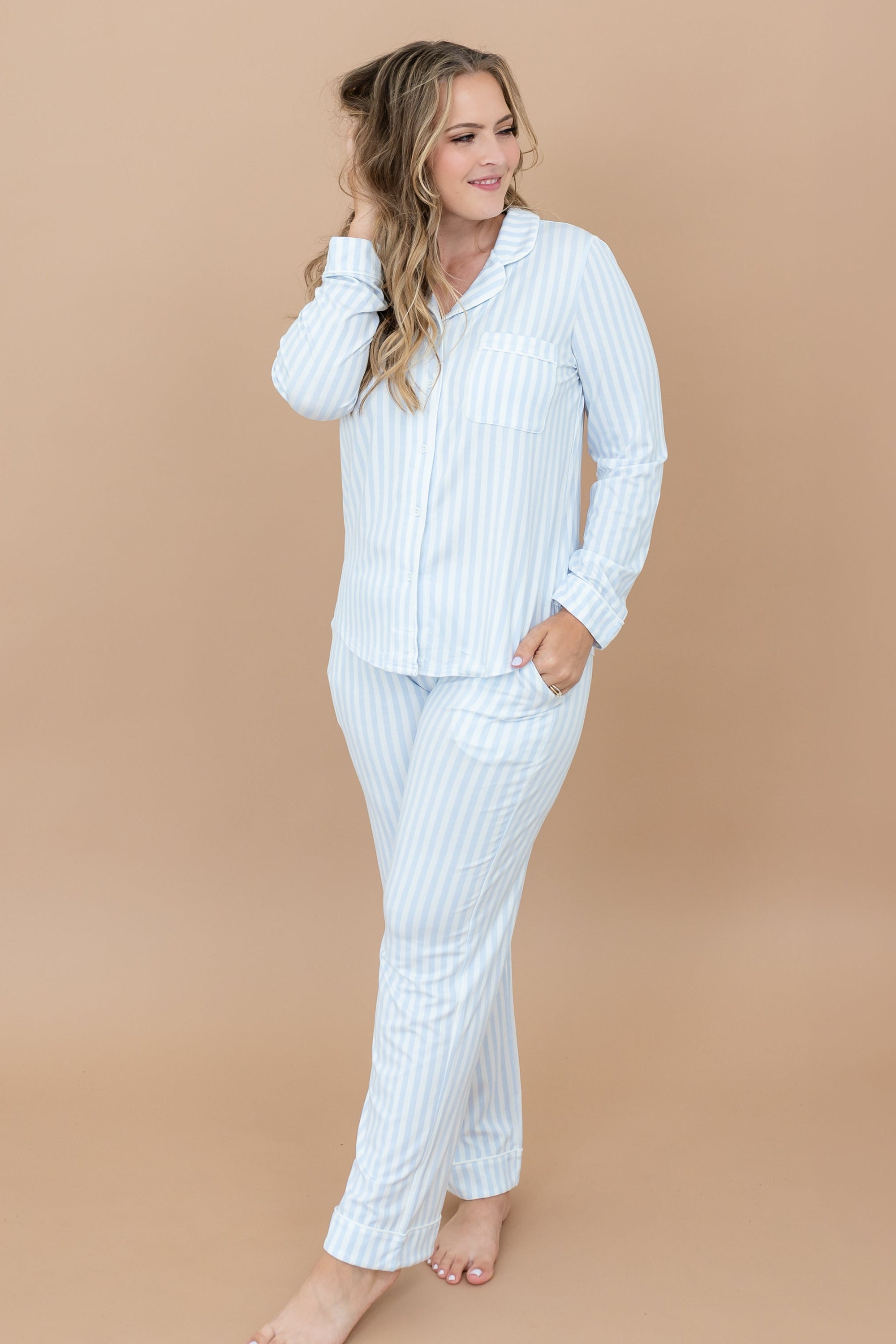 Long-Sleeved Women's Pajama Set in Small Mist Stripe with Cloud Trim