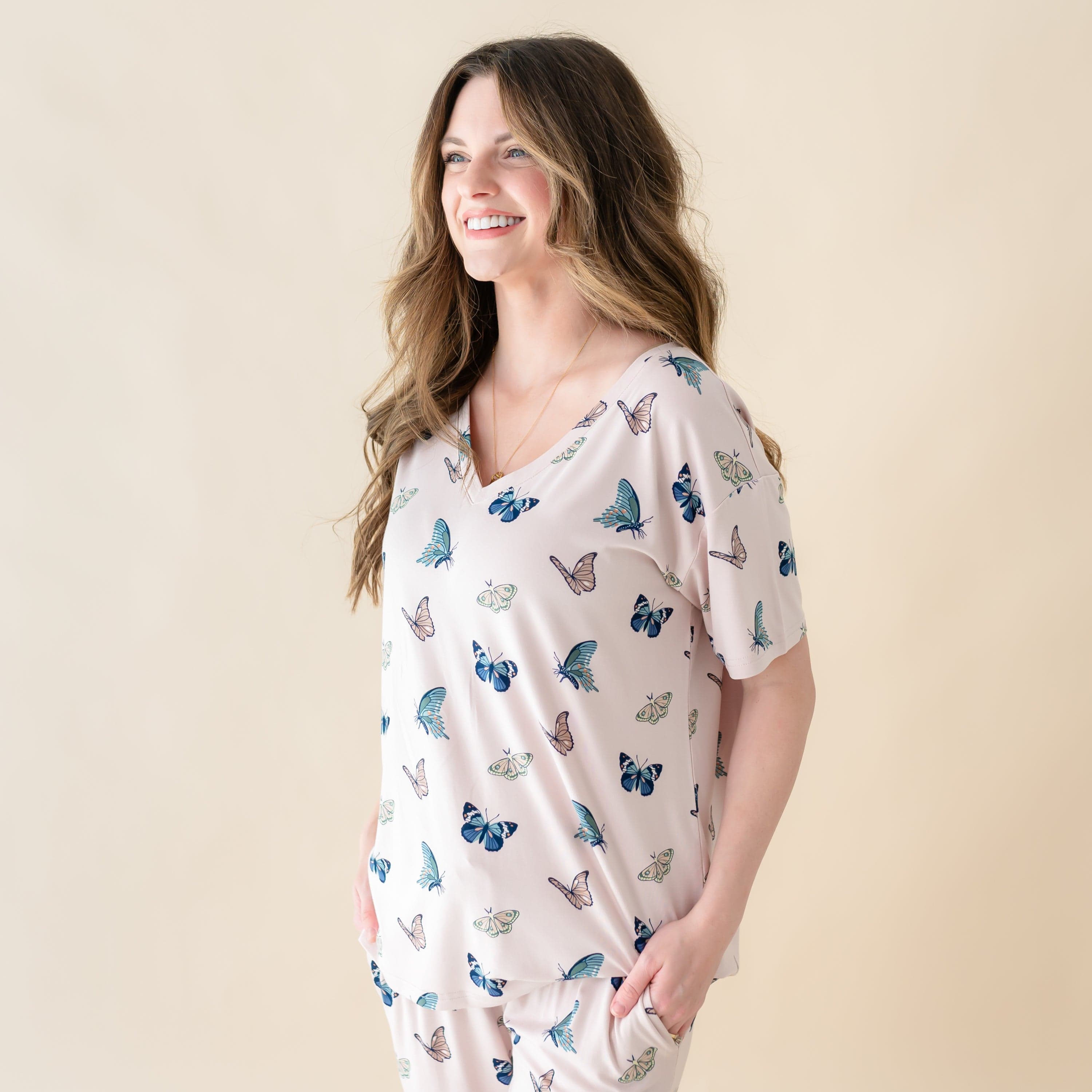Women's Relaxed Fit V-Neck in Blush Butterfly